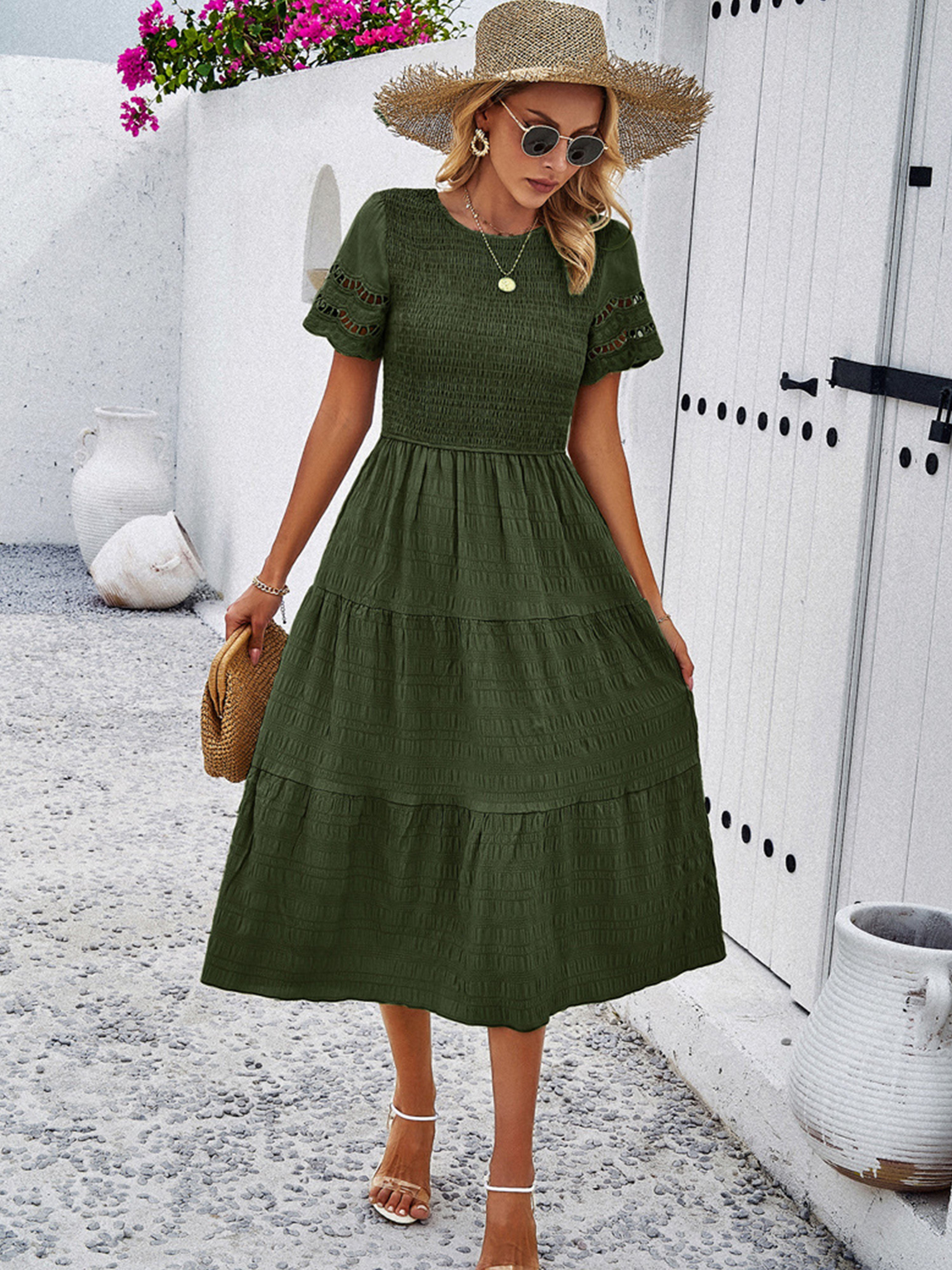Dark Olive Green Solid Color A Line Round Neck Sleeves Wedding Guest Dress