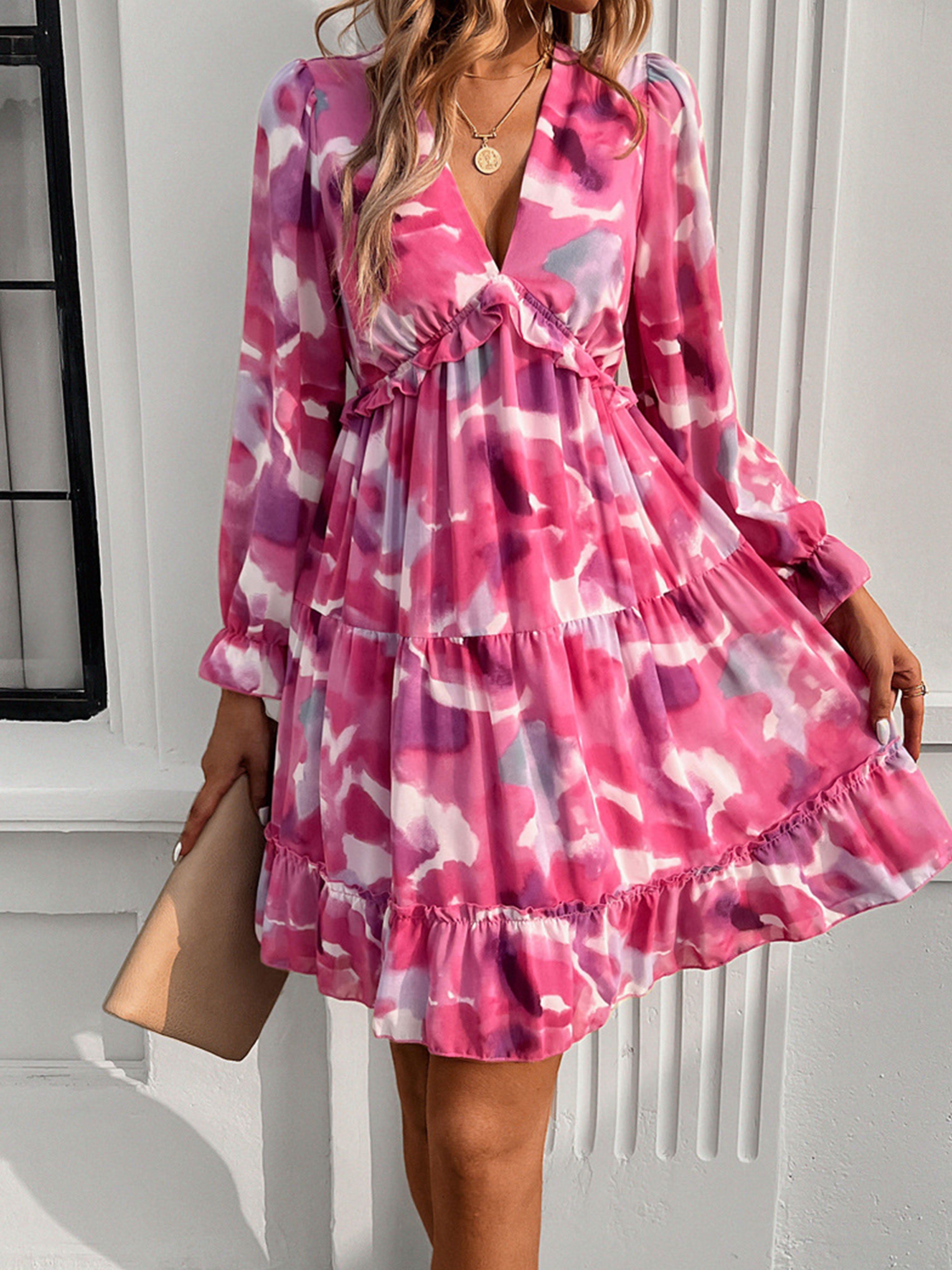 V Neck Fuchsia A Line Long Sleeves Short Floral Wedding Guest Dress