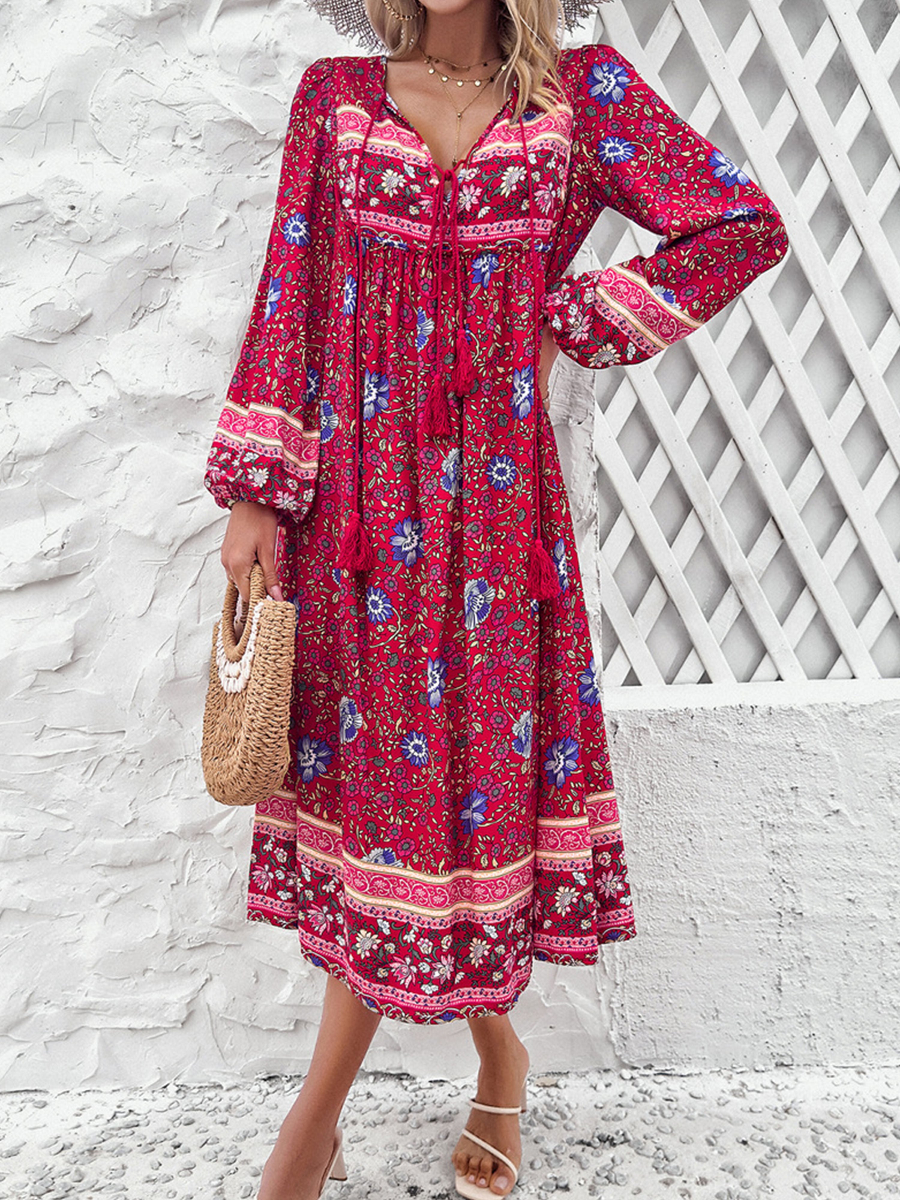 V-Neck Floral Boho A Line Long Sleeves Fuchsia Red Wedding Guest Dress