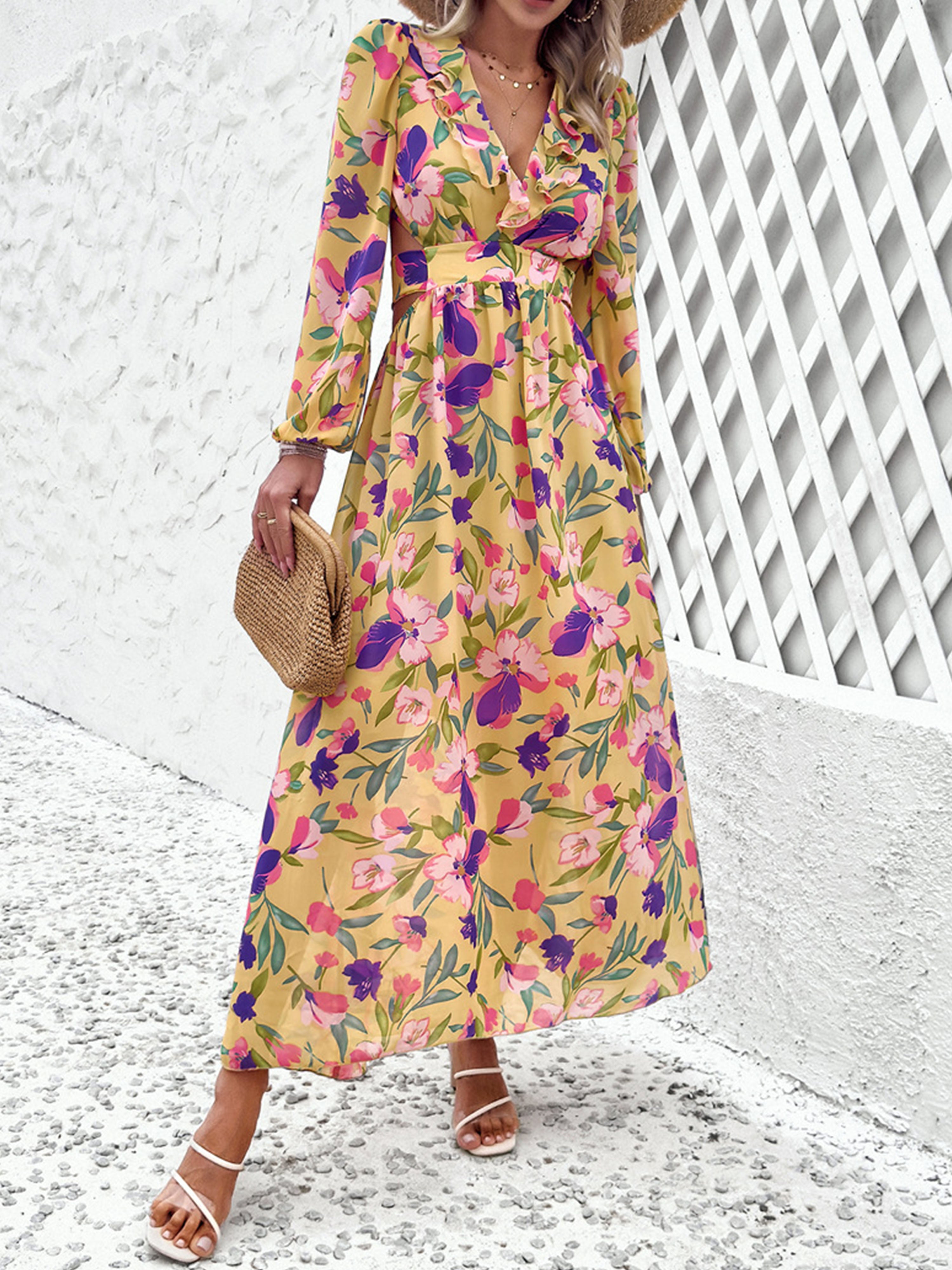 Floral V-Neck Gold Long Sleeves A Line Wedding Guest Dress