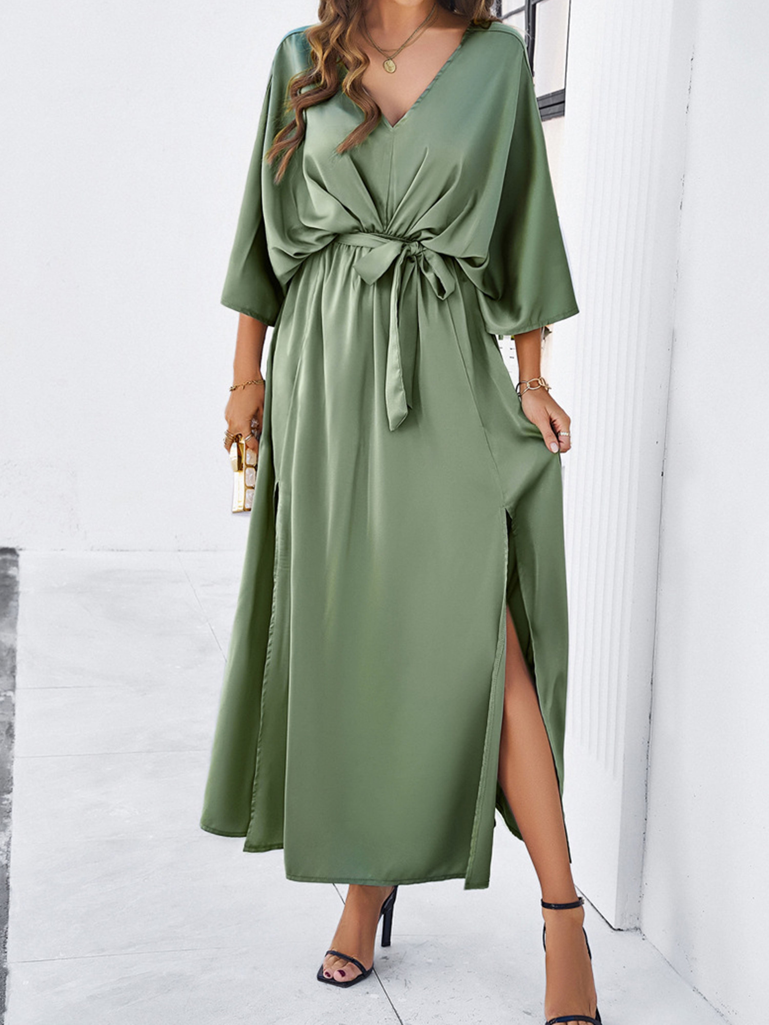 Elegant Dusty Sage V-Neck Sleeves Split Wedding Guest Dress With Belt