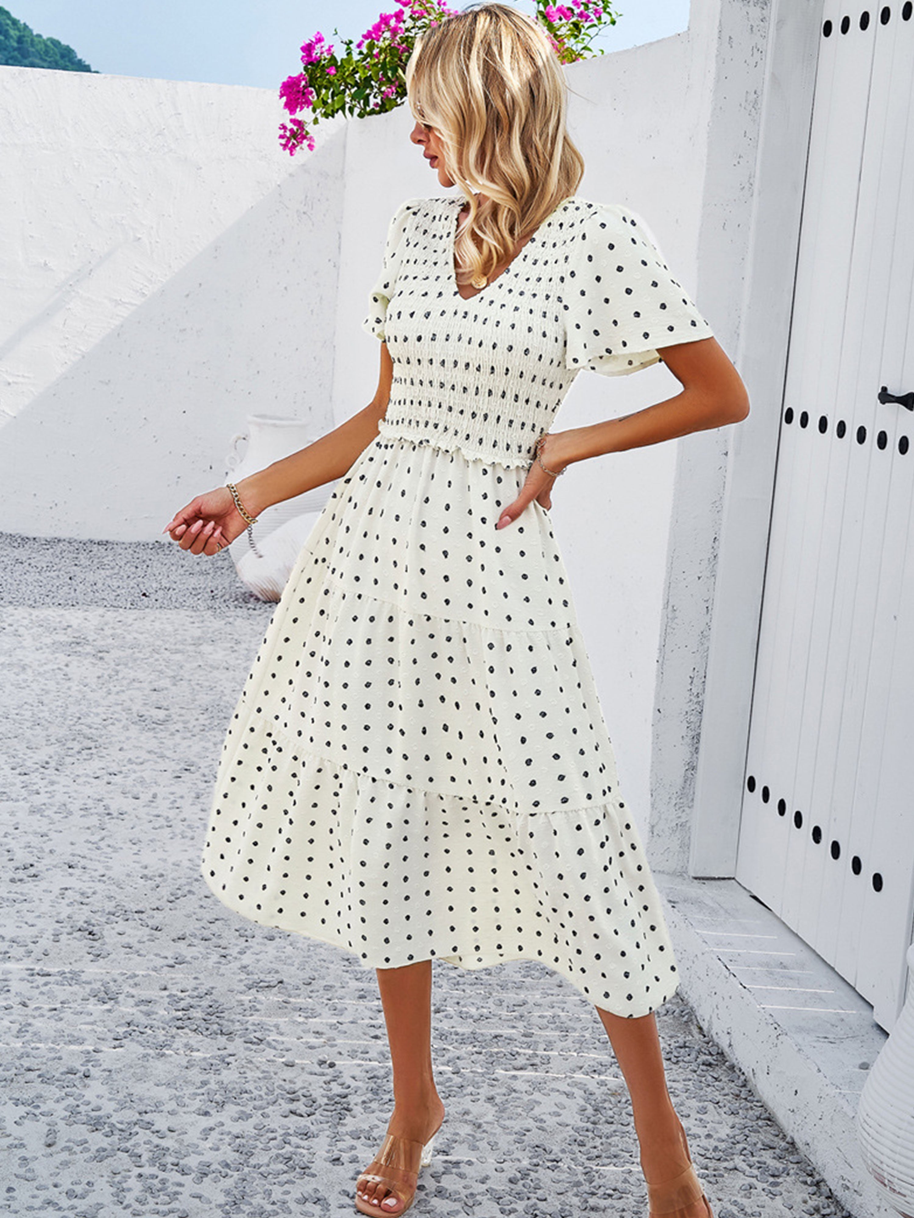 Casual Polka Dot V-Neck Short Sleeves White Wedding Guest Dress Casual Polka Dot V-Neck Short Sleeves White Wedding Guest Dress