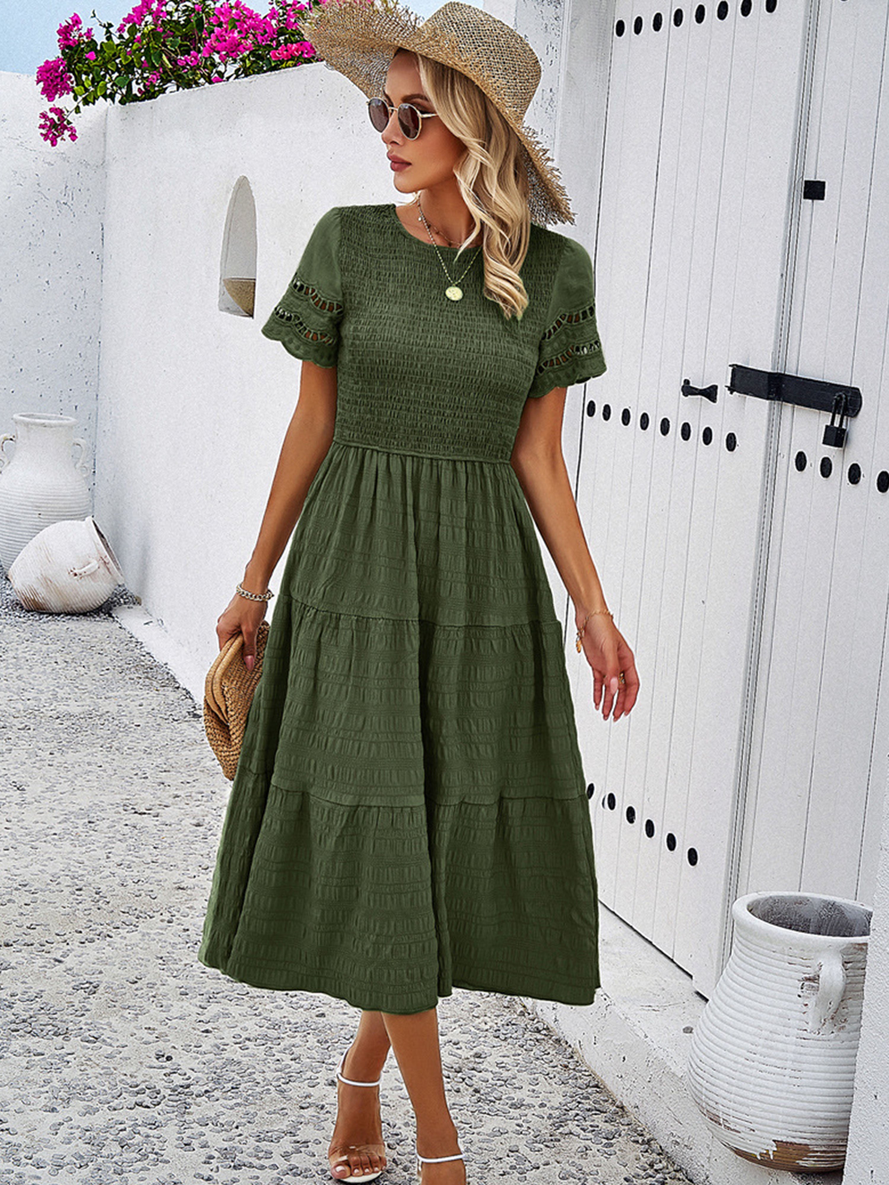 Dark Olive Green Solid Color A Line Round Neck Sleeves Wedding Guest Dress