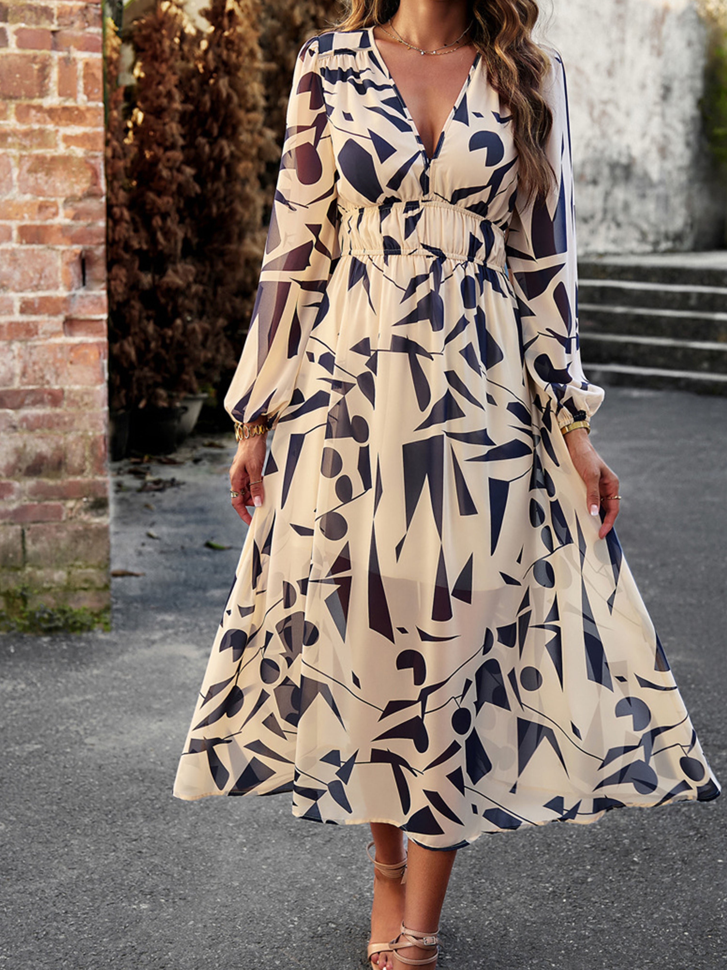 V Neck A Line Long Sleeves Casual Printed Apricot Wedding Guest Dress