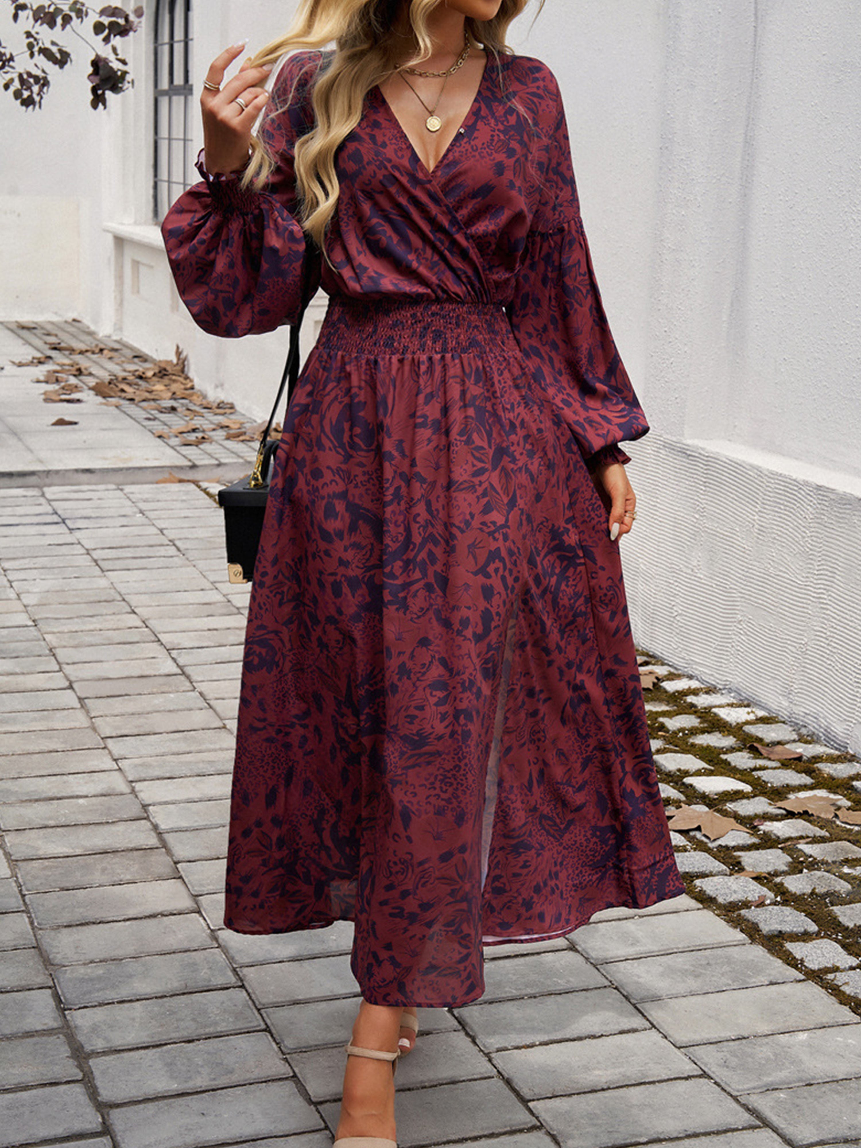 Empire Waist V Neck Long Sleeves Cabernet Wedding Guest Dress With Split