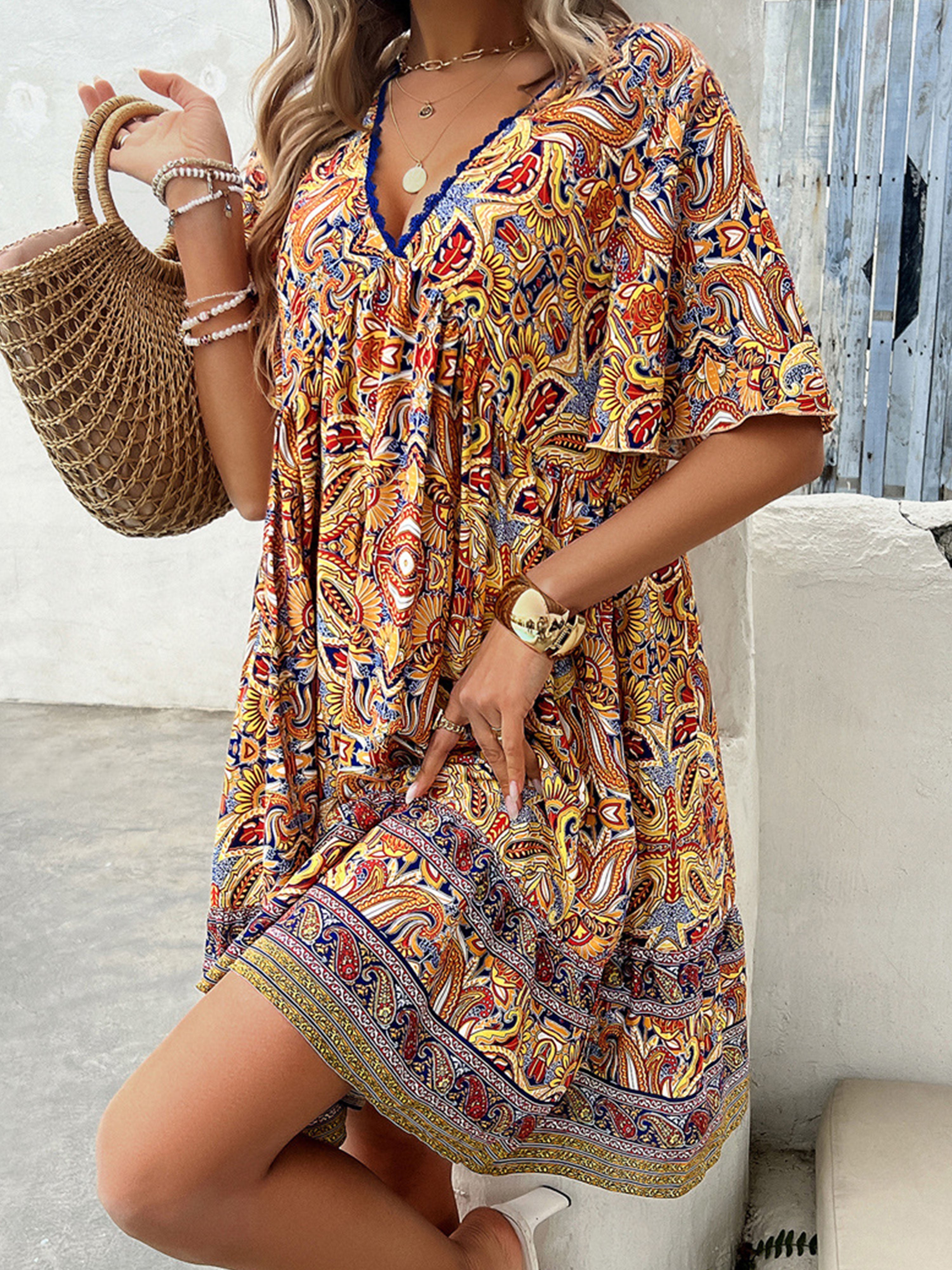 Yellow Boho V Neck Floral Printed Half Sleeve Wedding Guest Dress