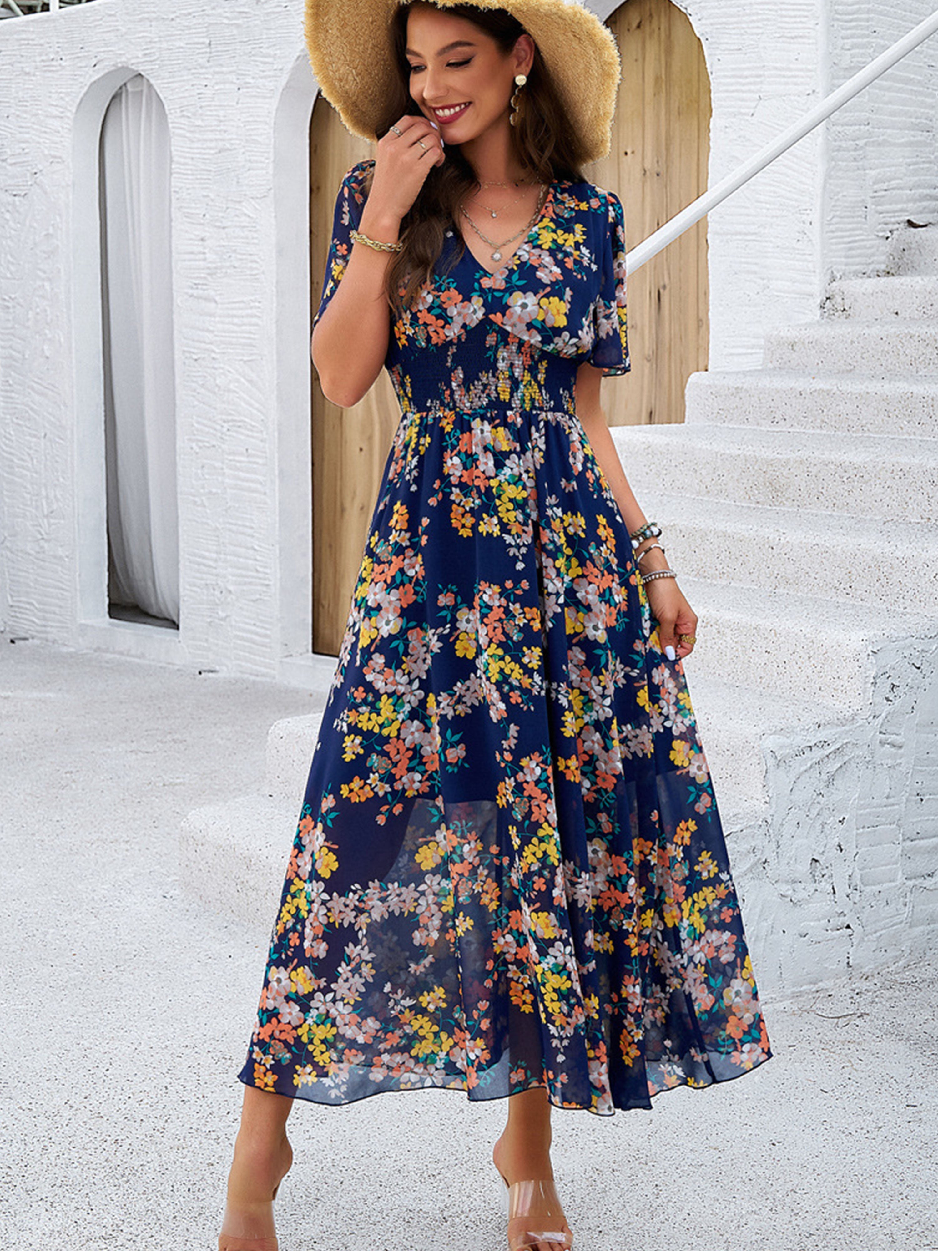 Floral Elegant V Neck Sleeves Dark Navy Long Wedding Guest Dress
