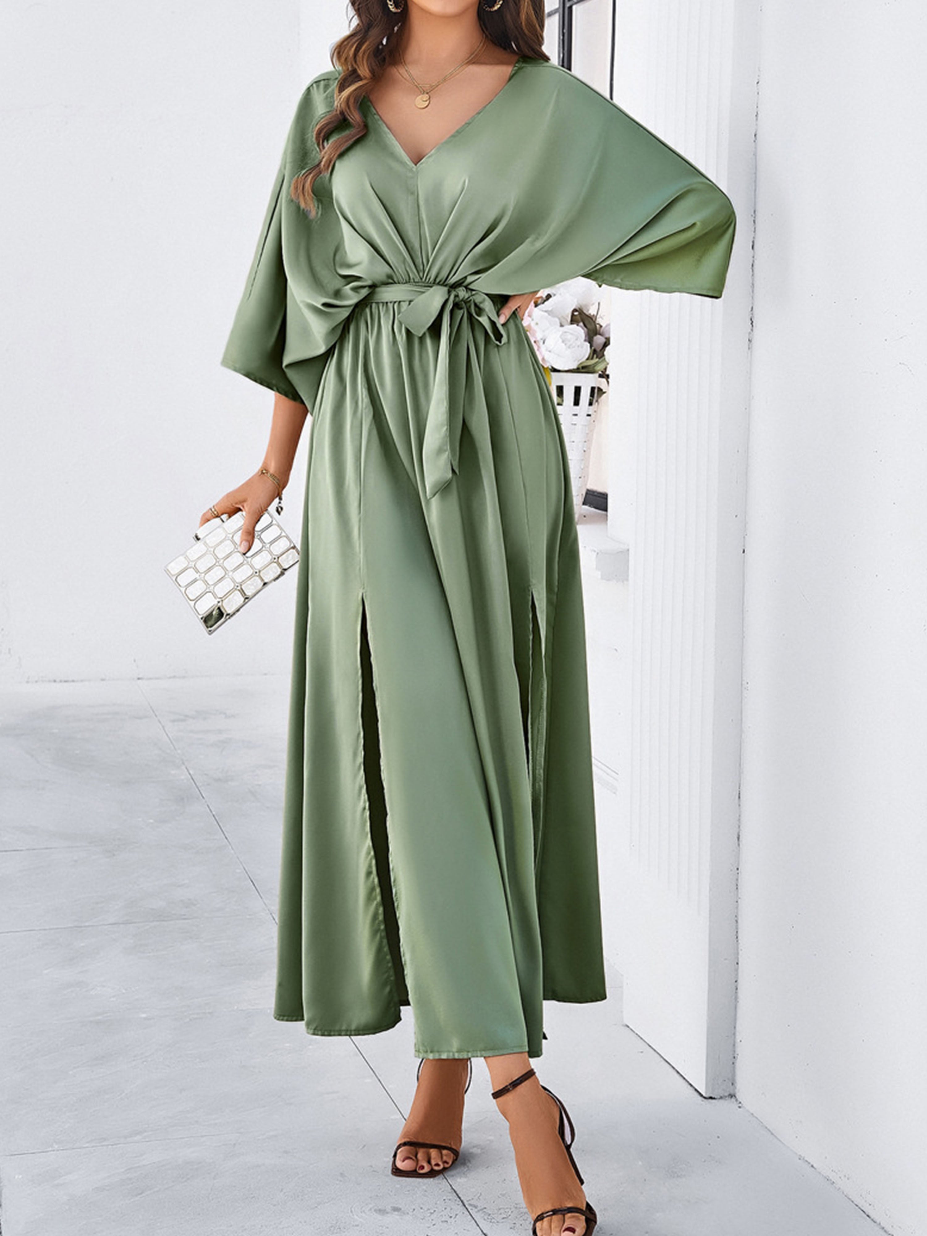 Elegant Dusty Sage V-Neck Sleeves Split Wedding Guest Dress With Belt