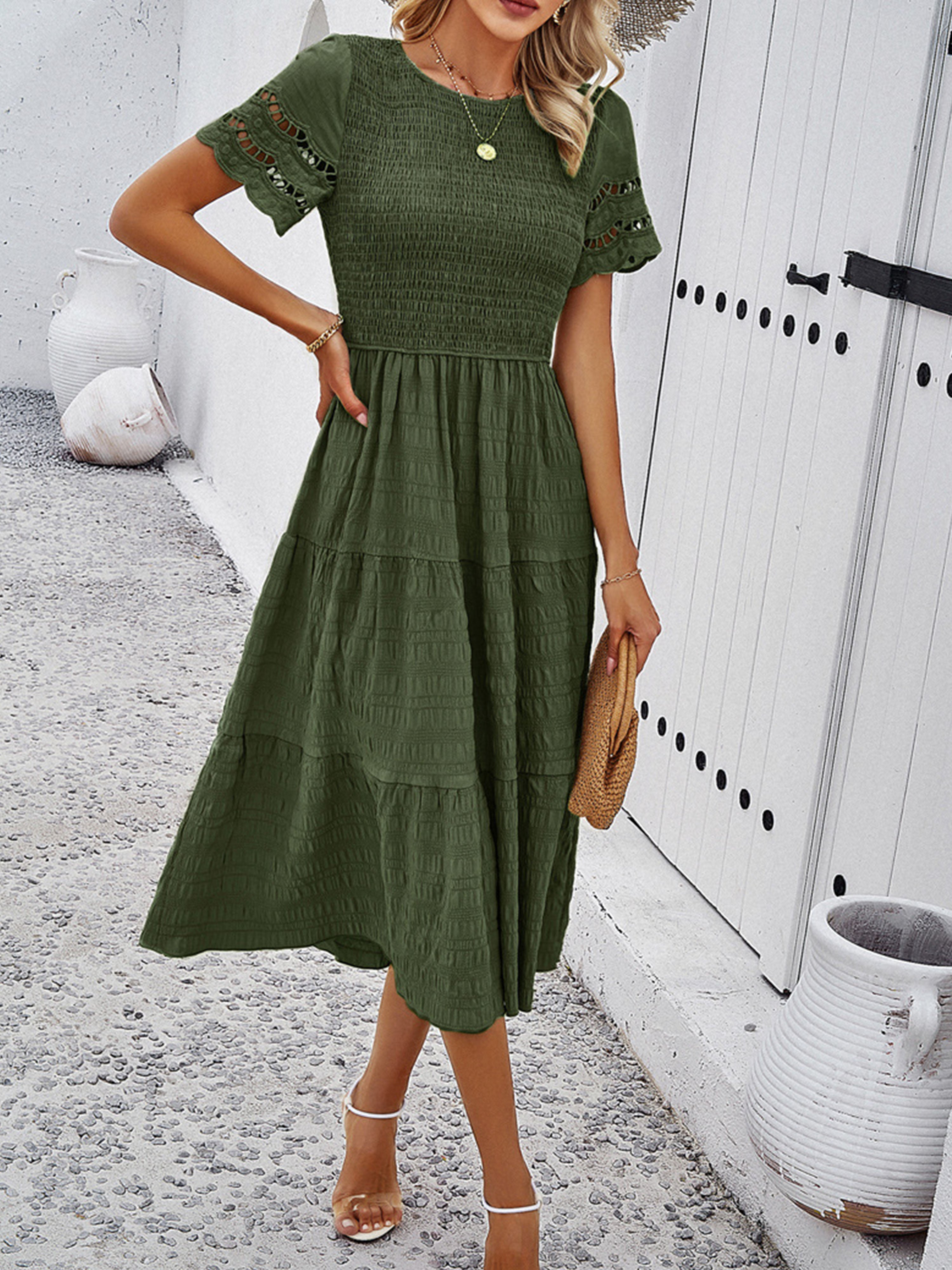 Dark Olive Green Solid Color A Line Round Neck Sleeves Wedding Guest Dress