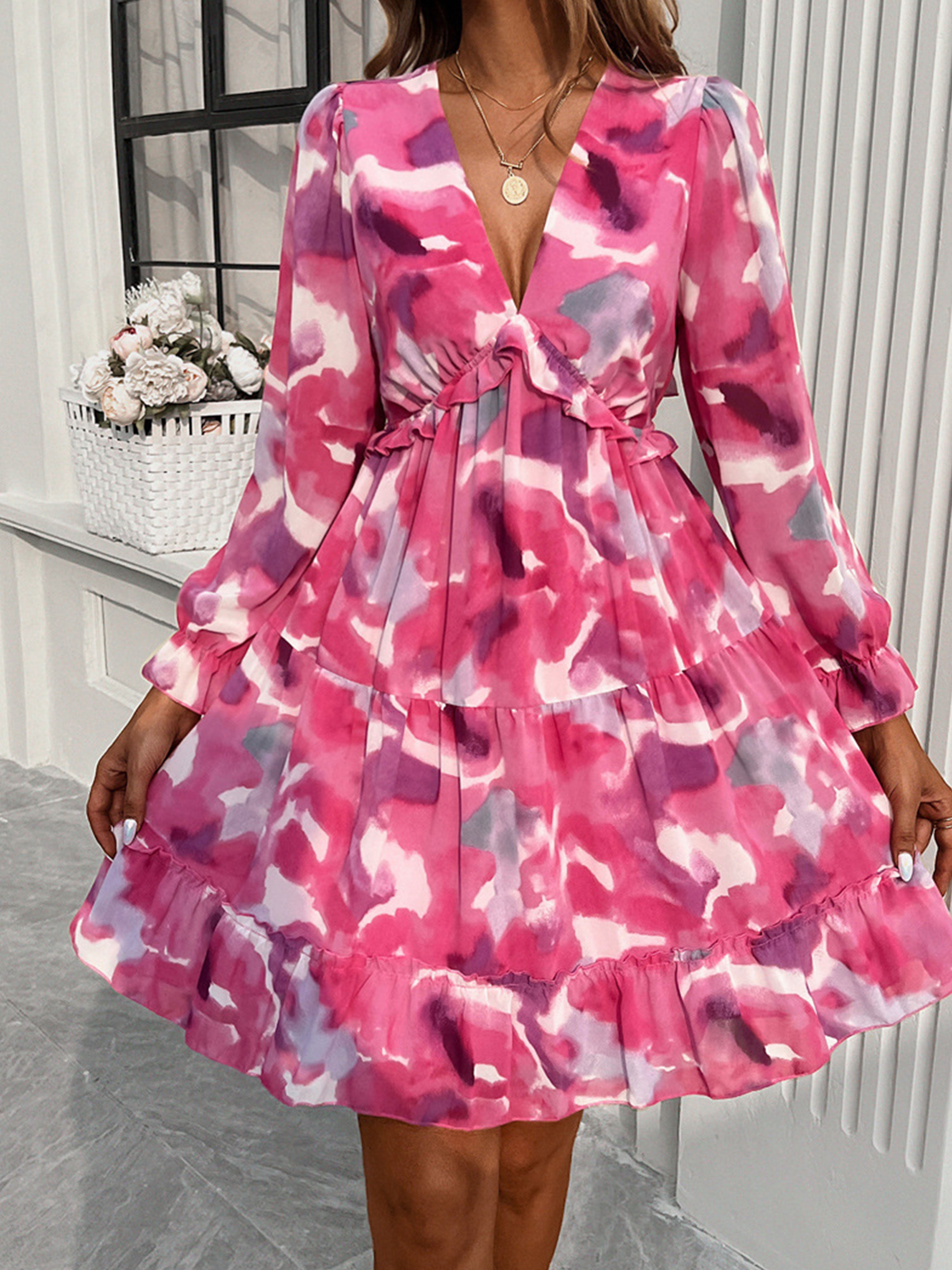 V Neck Fuchsia A Line Long Sleeves Short Floral Wedding Guest Dress