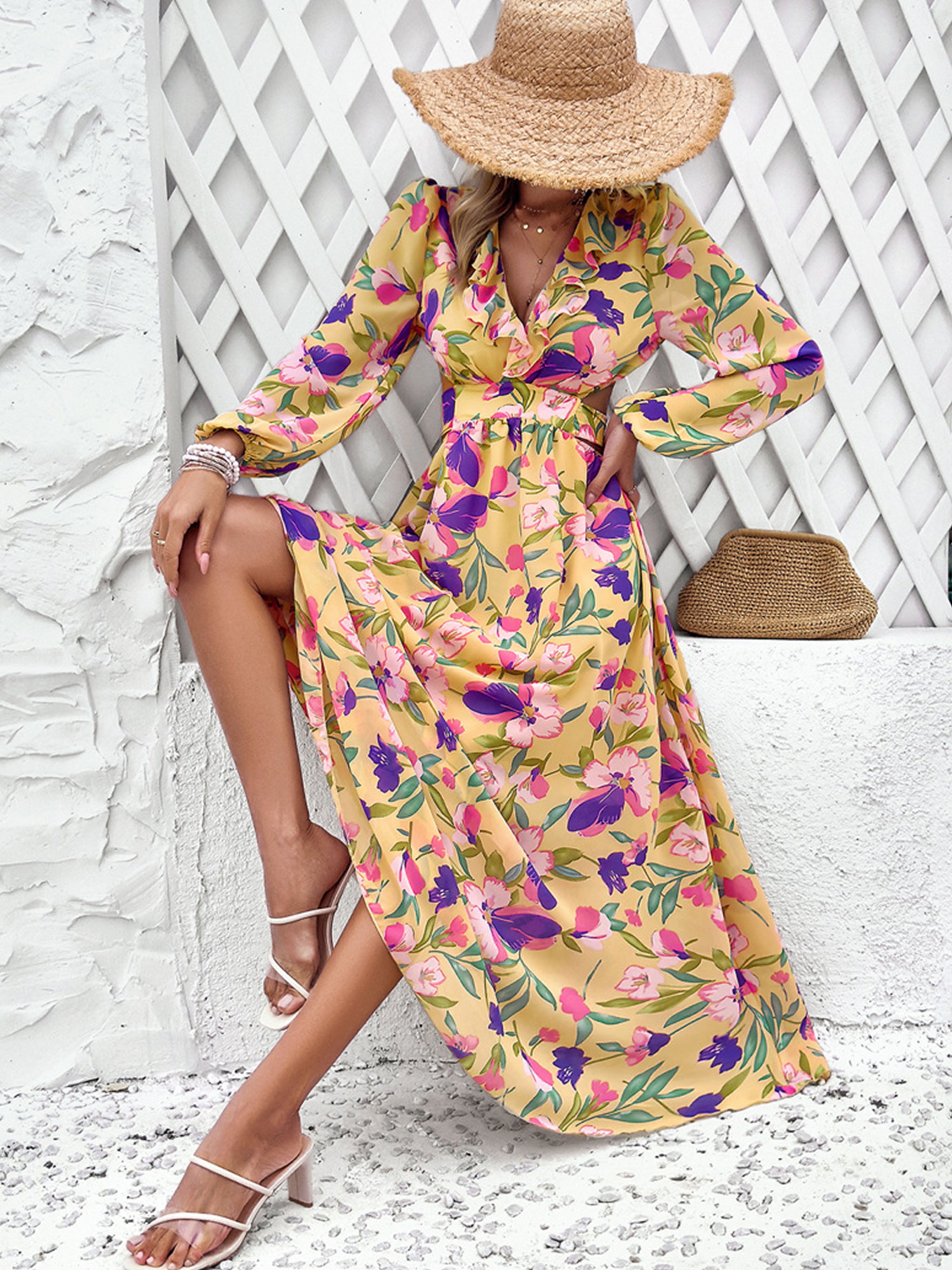 Floral V-Neck Gold Long Sleeves A Line Wedding Guest Dress