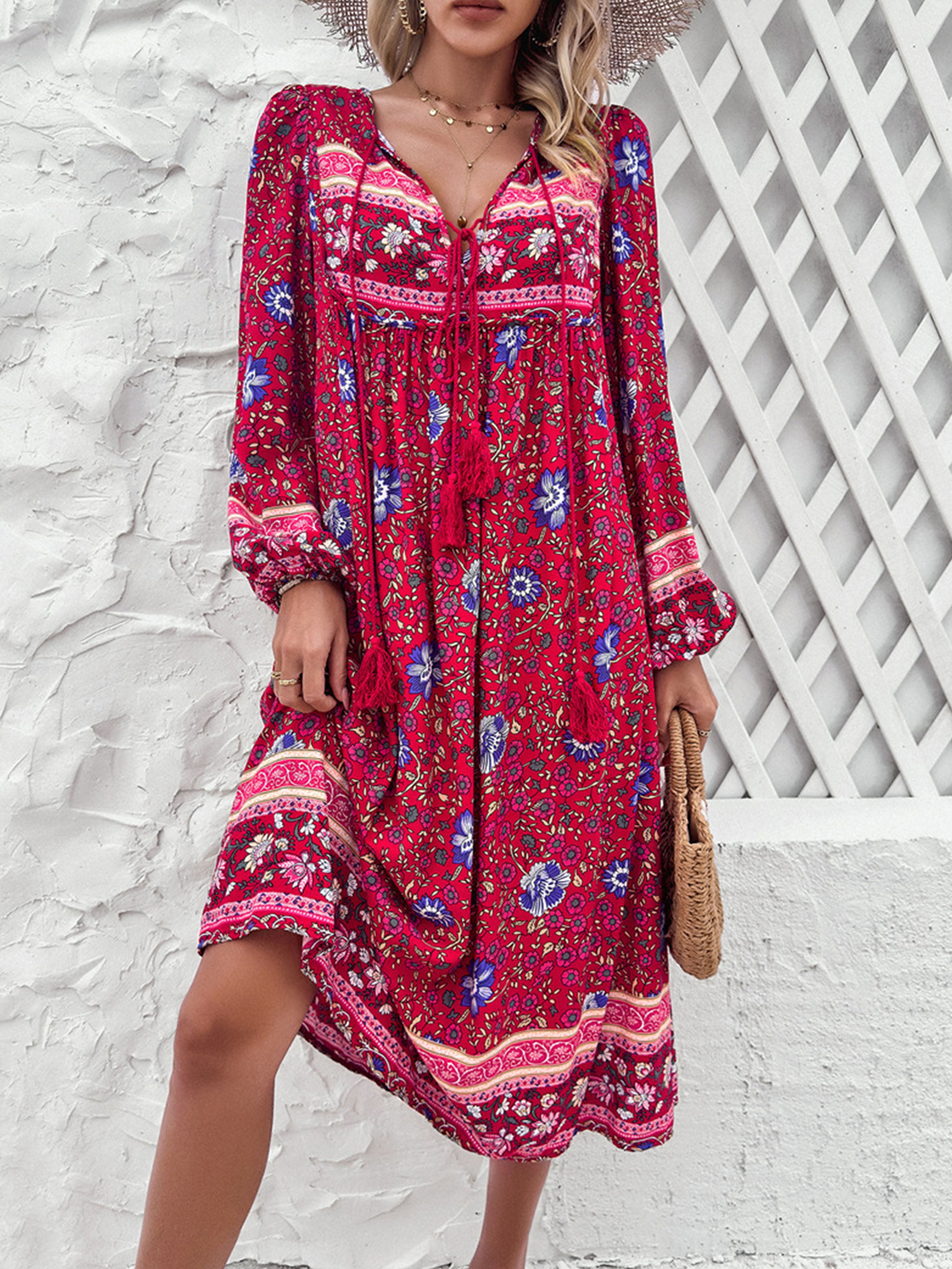 V-Neck Floral Boho A Line Long Sleeves Fuchsia Red Wedding Guest Dress