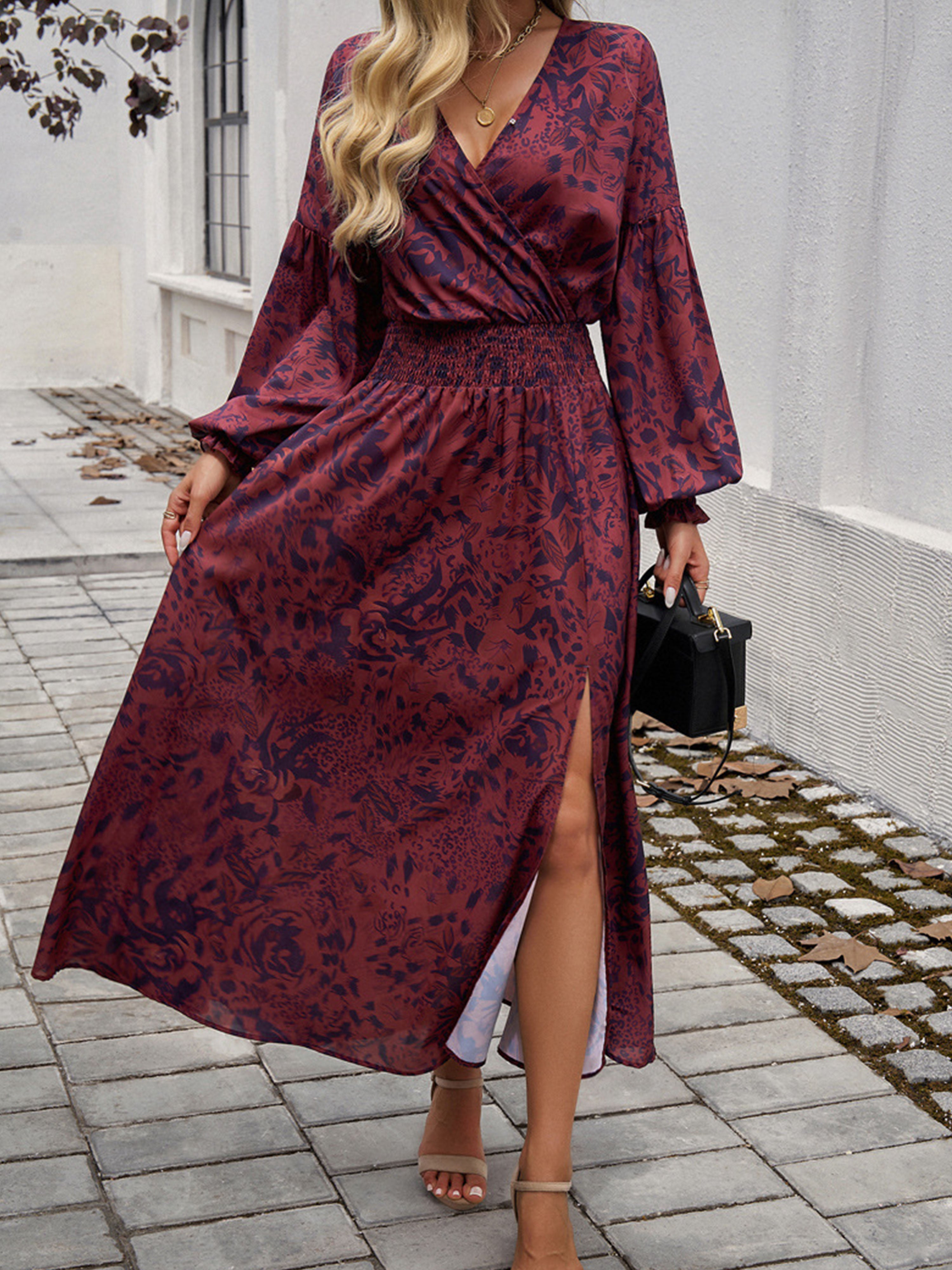 Empire Waist V Neck Long Sleeves Cabernet Wedding Guest Dress With Split