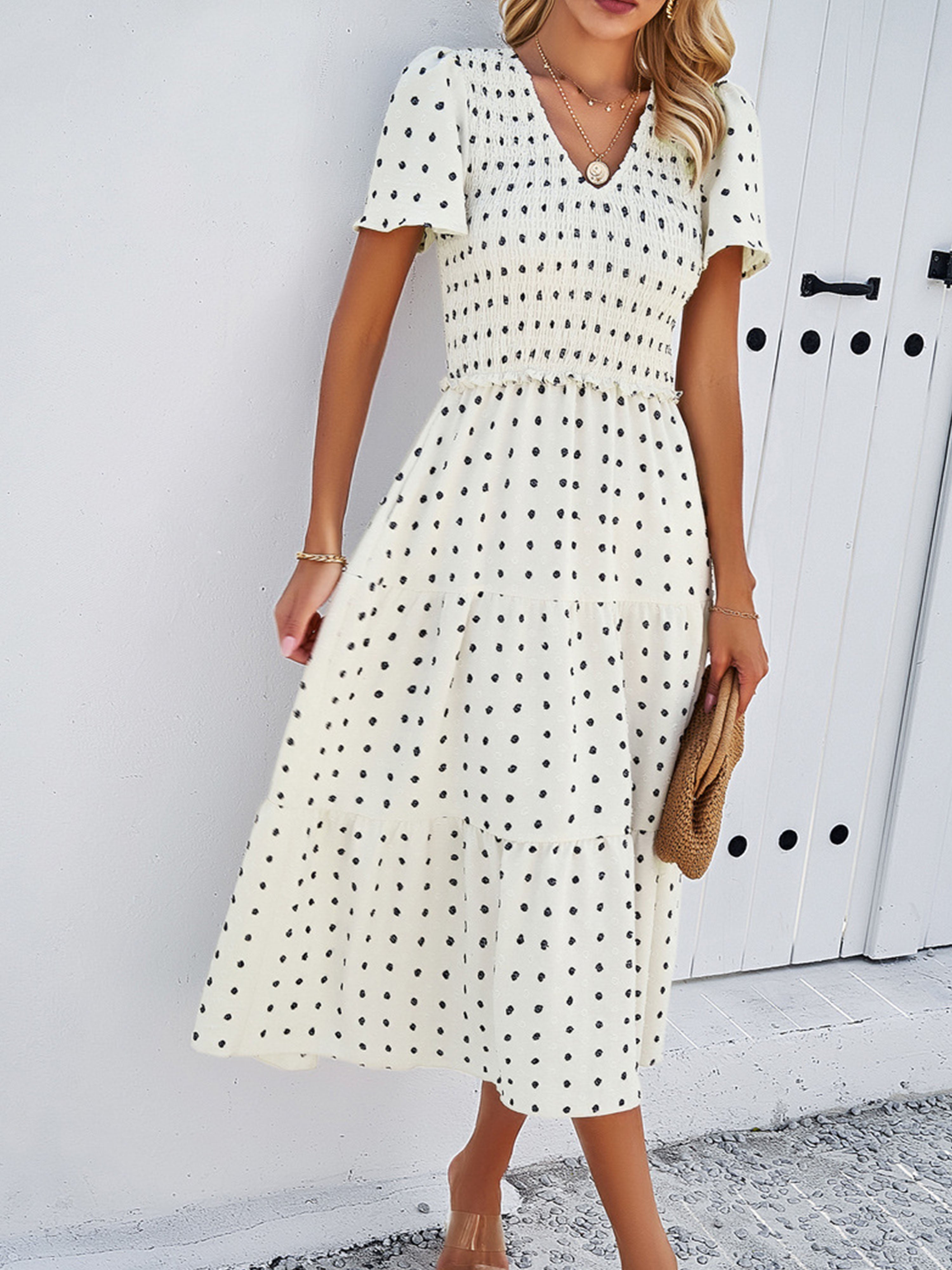 Casual Polka Dot V-Neck Short Sleeves White Wedding Guest Dress
