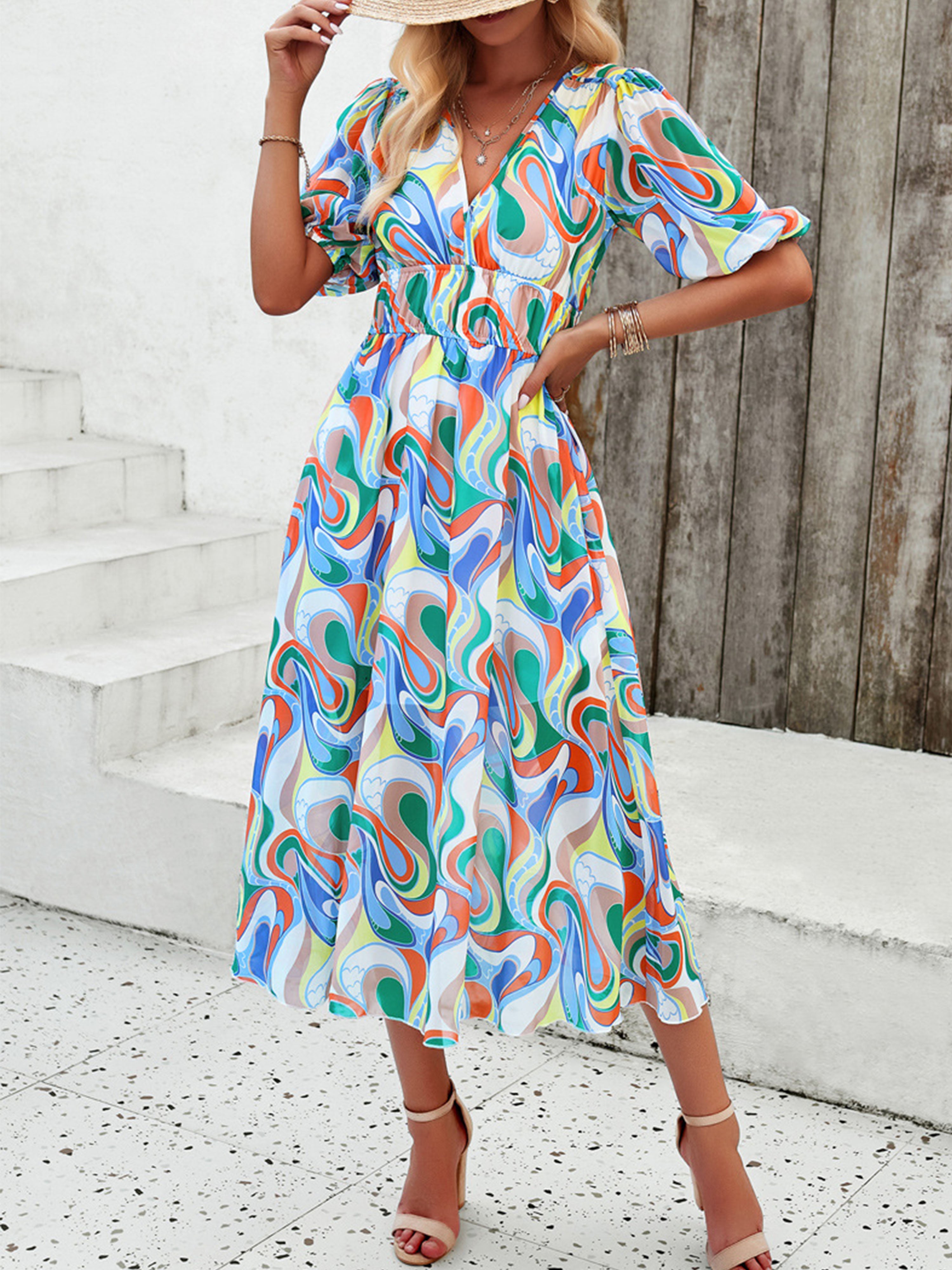 A Line Strappy Waisted Sleeves V Neck Green Wedding Guest Dress