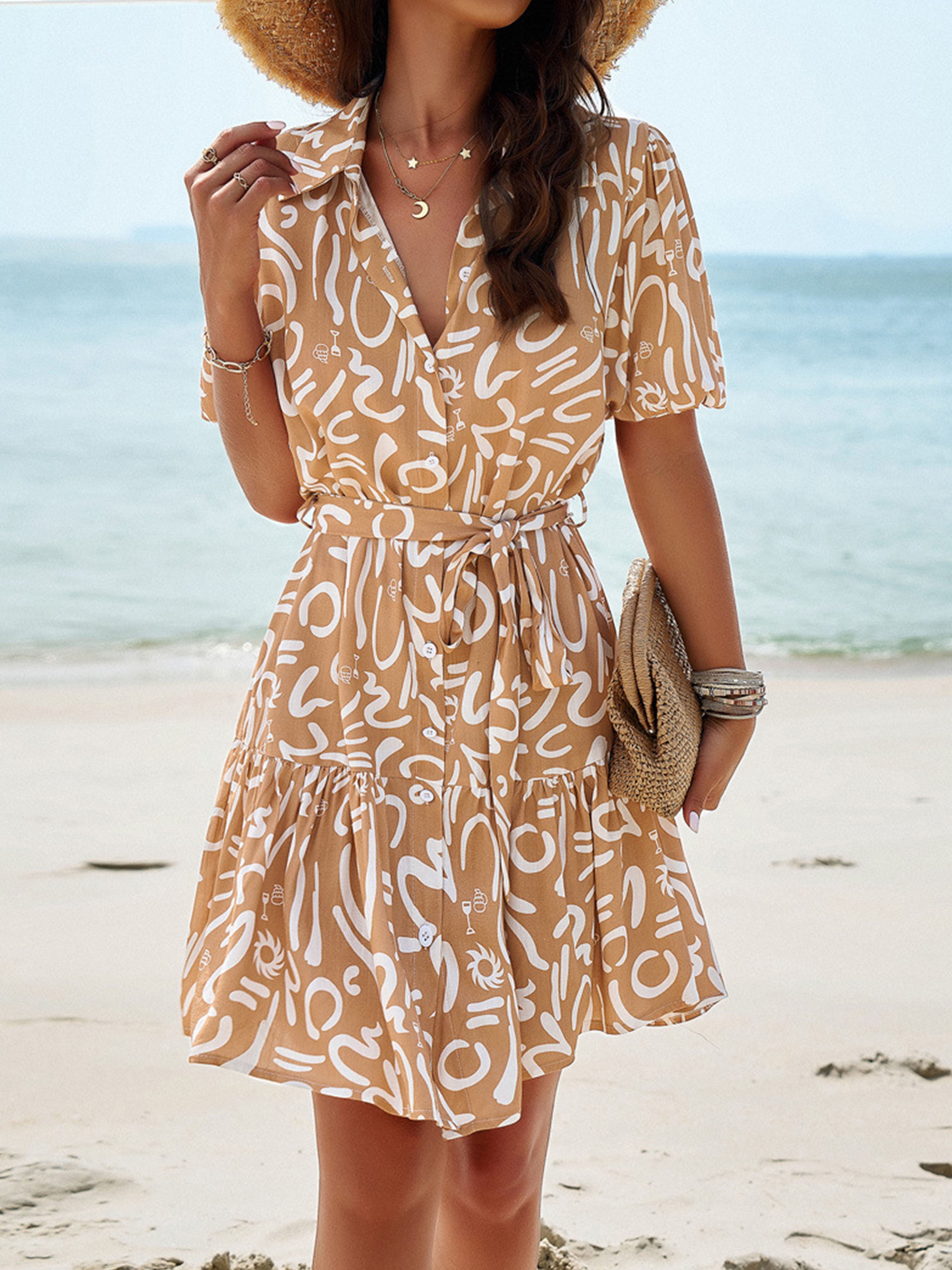 V Neck Elegant Geometric Print Short Sleeves Khaki Wedding Guest Dress