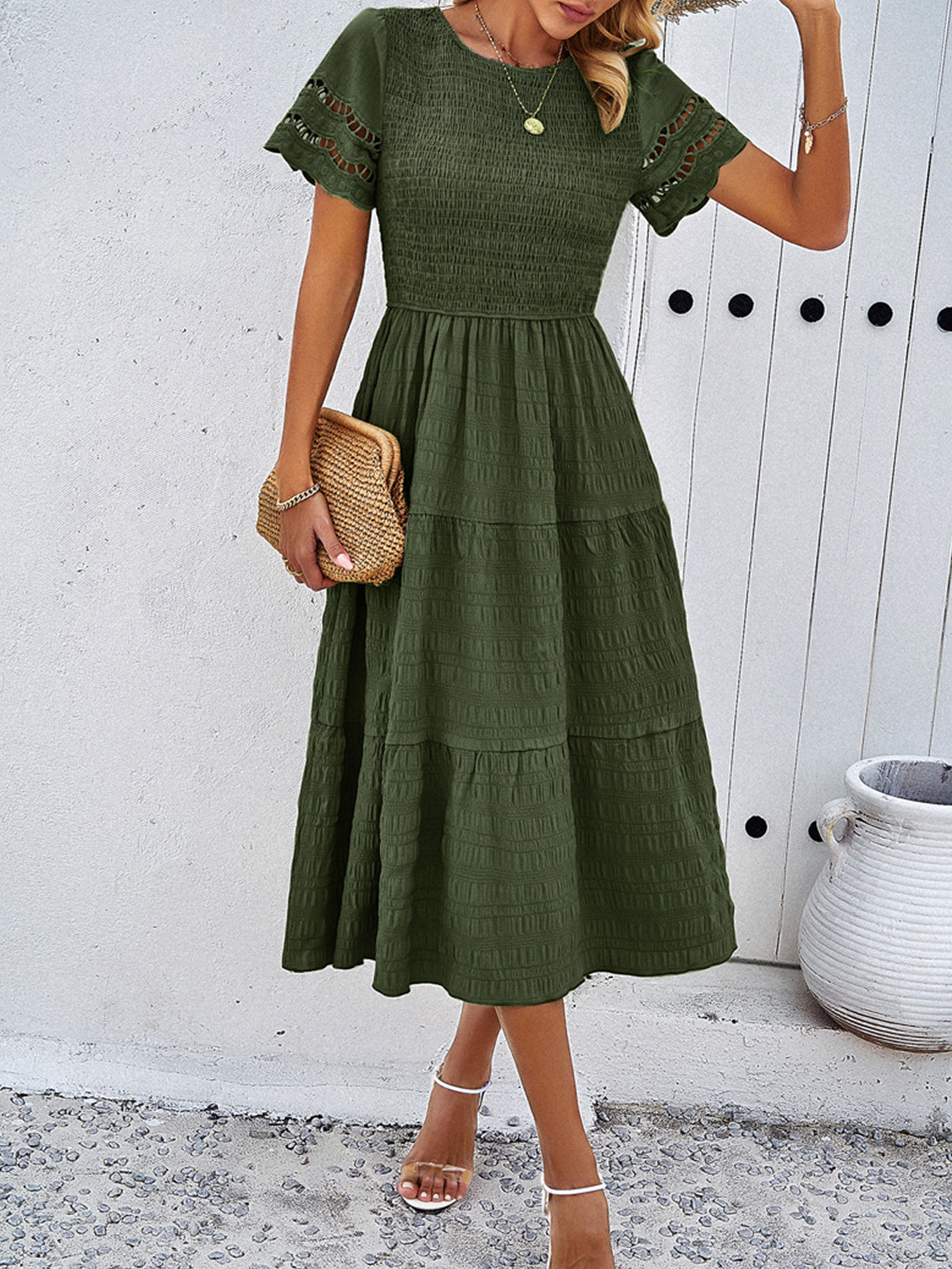 Dark Olive Green Solid Color A Line Round Neck Sleeves Wedding Guest D Dark Olive Green Solid Color A Line Round Neck Sleeves Wedding Guest D
