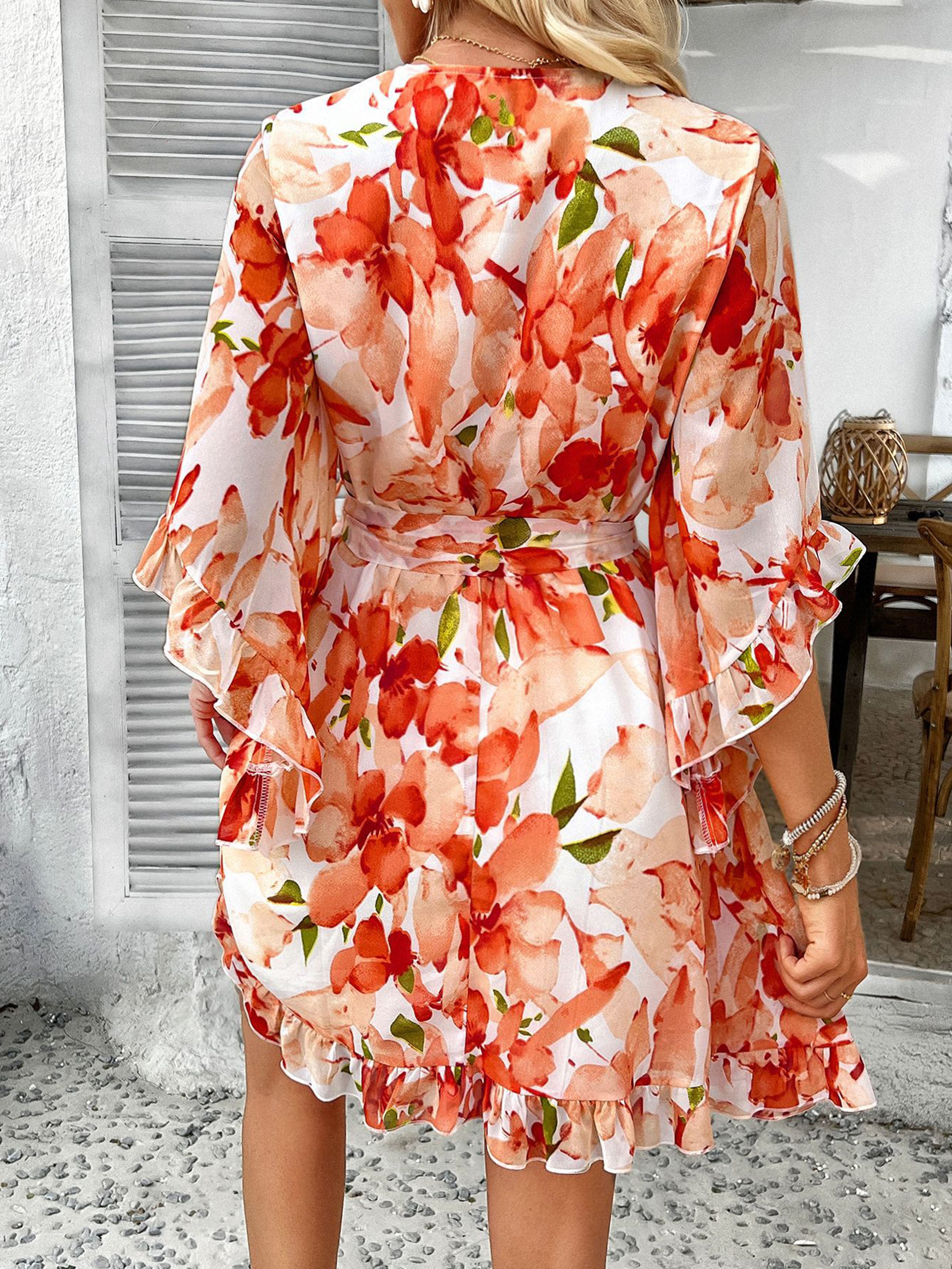 Ruffles Sleeves Floral V Neck Orange Wedding Guest Dress With Belts