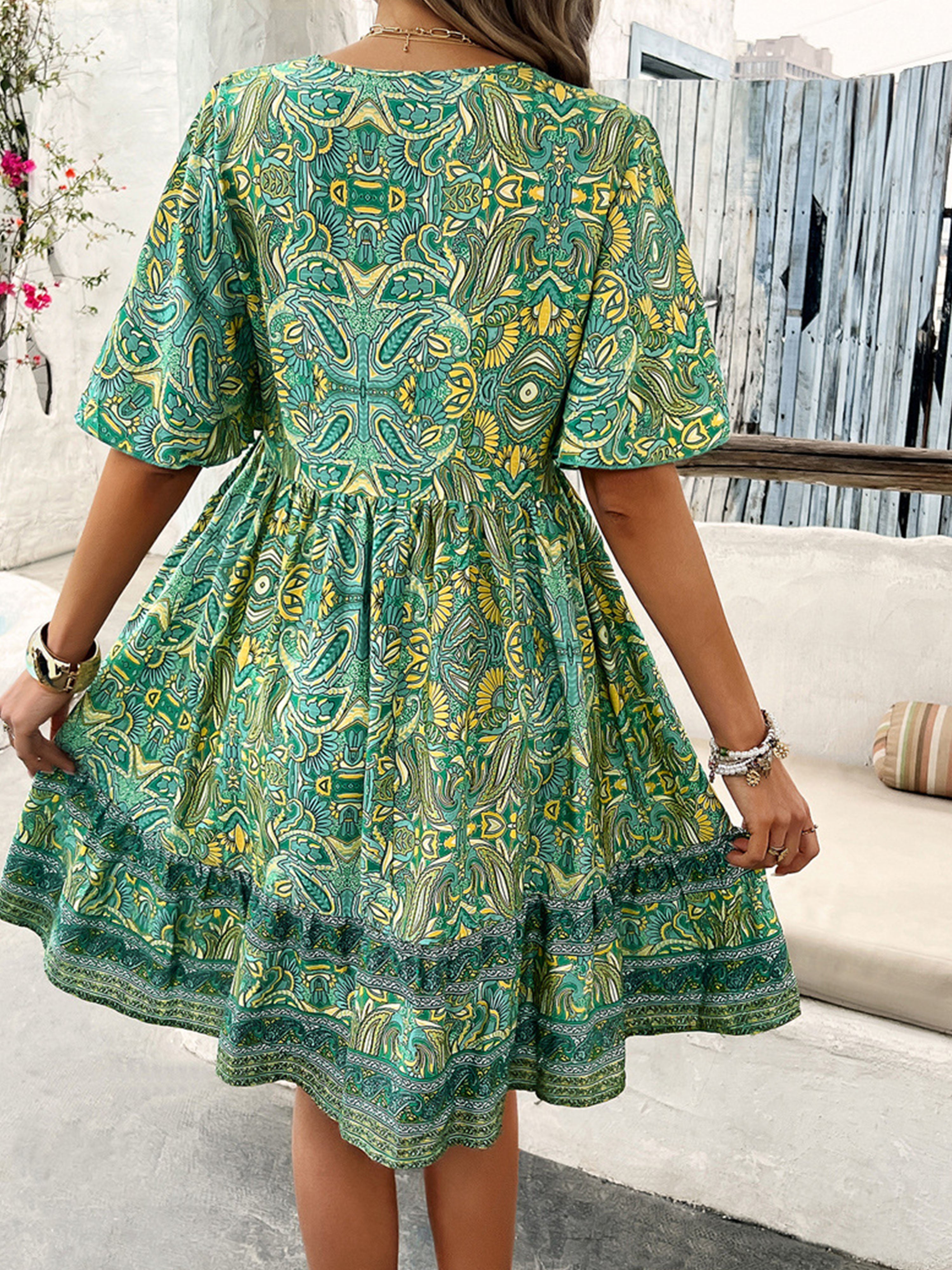 Green Boho V Neck Floral Printed Half Sleeve Wedding Guest Dress
