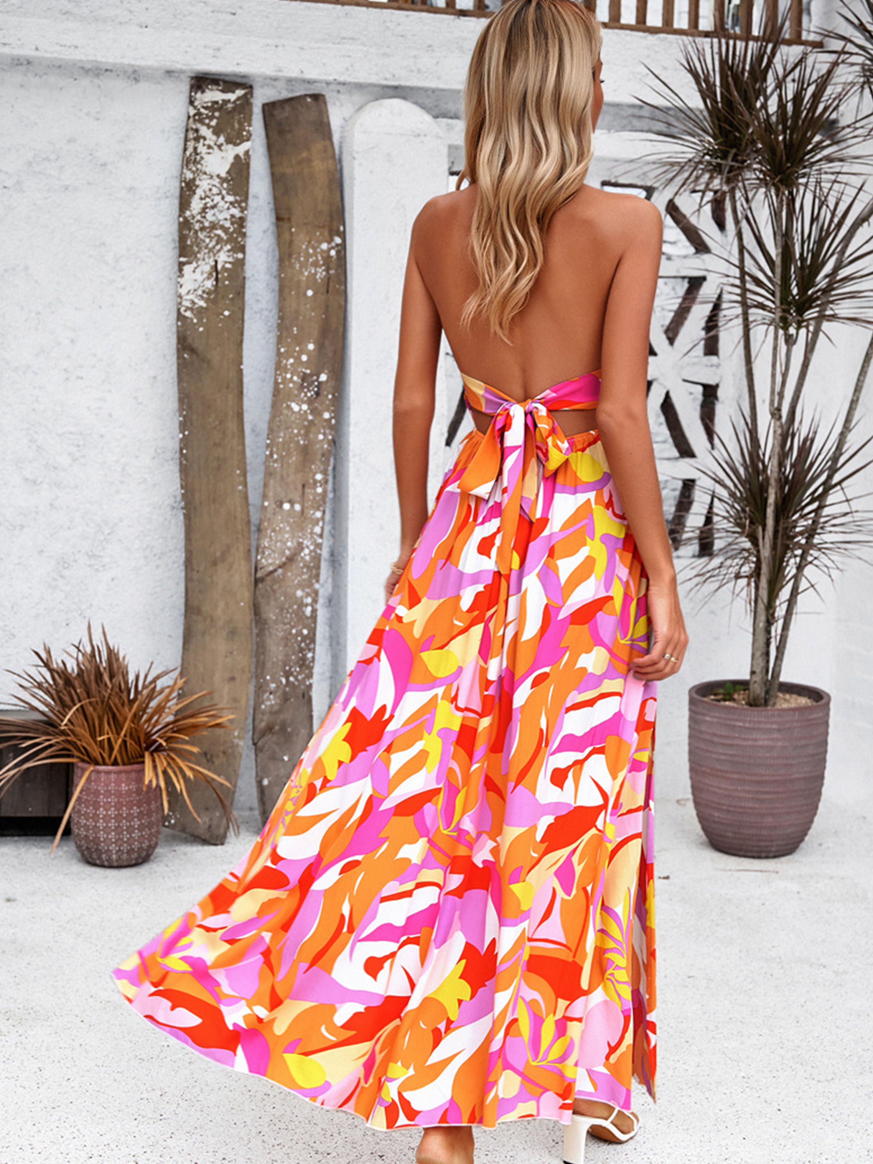 Casual Spaghetti Straps Long Floral Orange Wedding Guest Dress