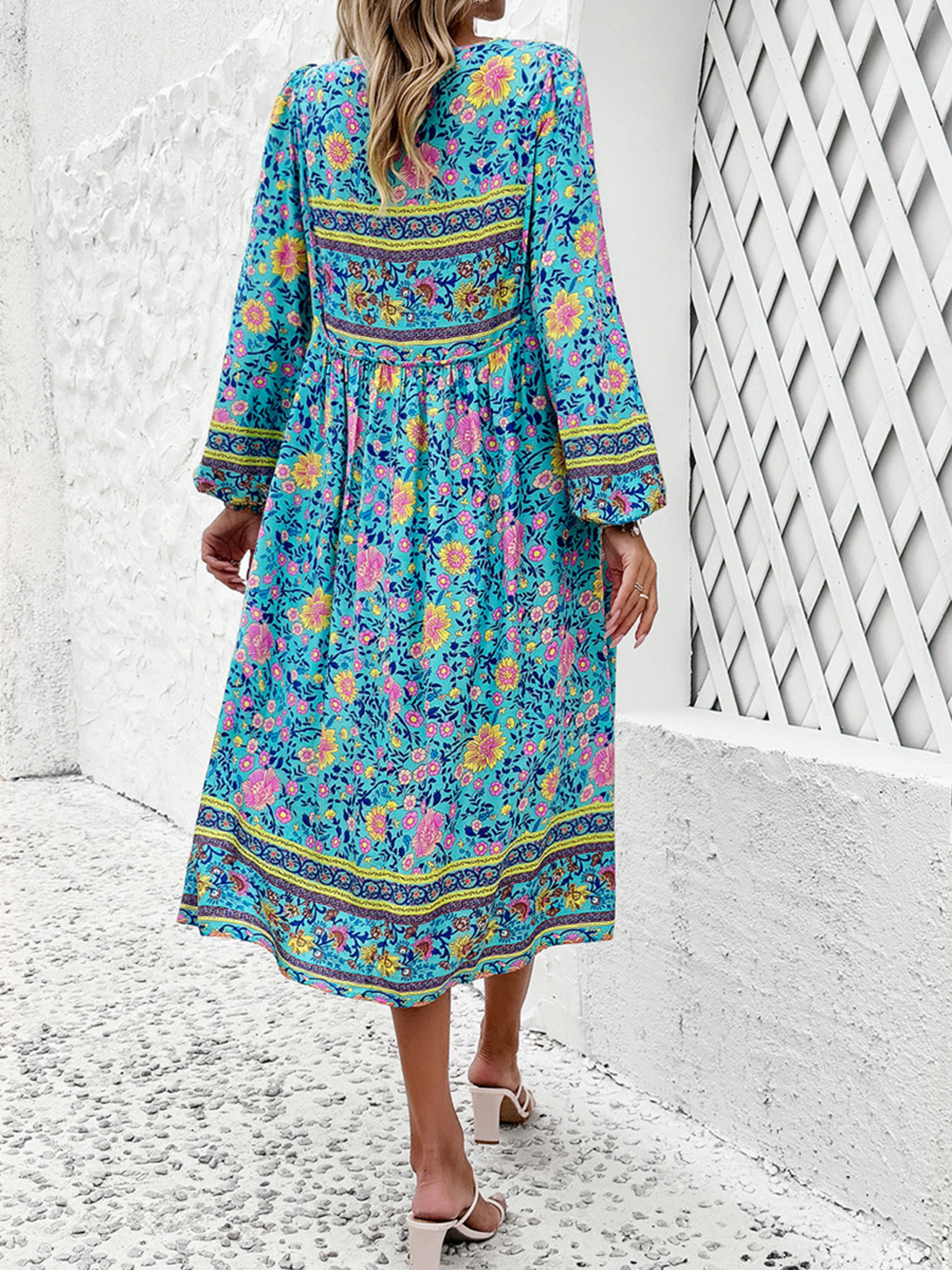 V-Neck Floral Boho A Line Long Sleeves Blue Wedding Guest Dress