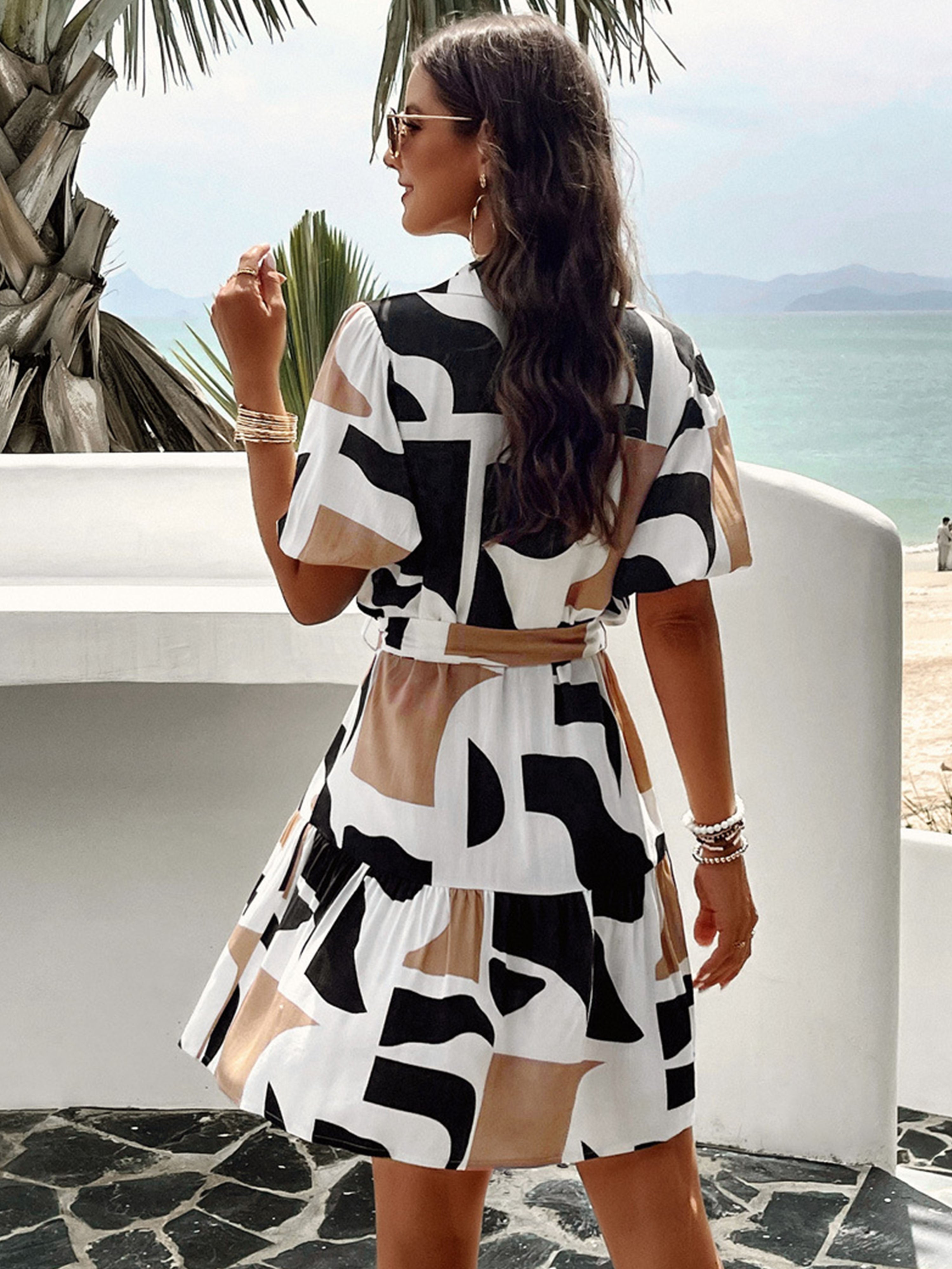 V Neck Elegant Geometric Print Short Sleeves Coffee Wedding Guest Dress