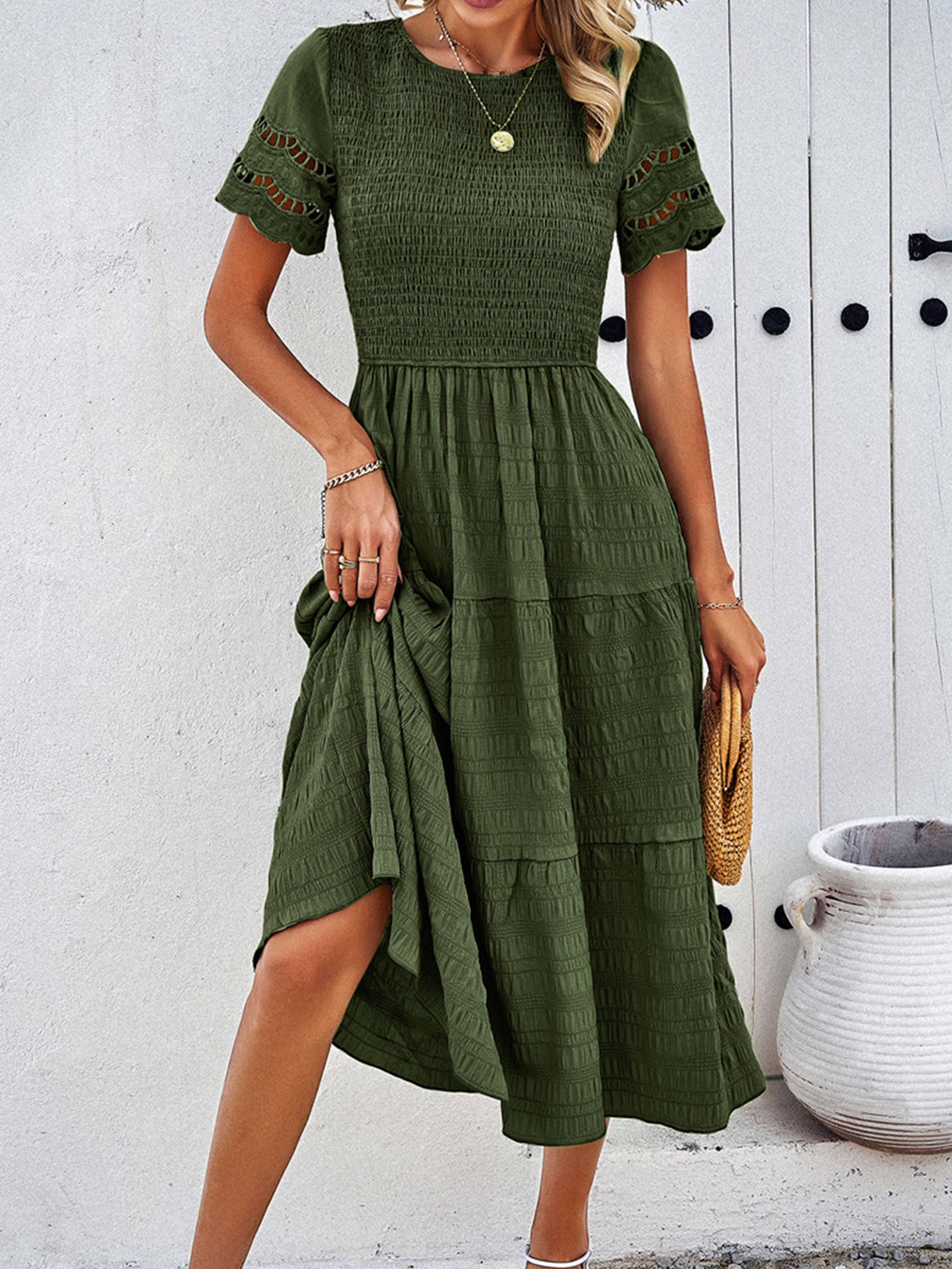 Dark Olive Green Solid Color A Line Round Neck Sleeves Wedding Guest Dress
