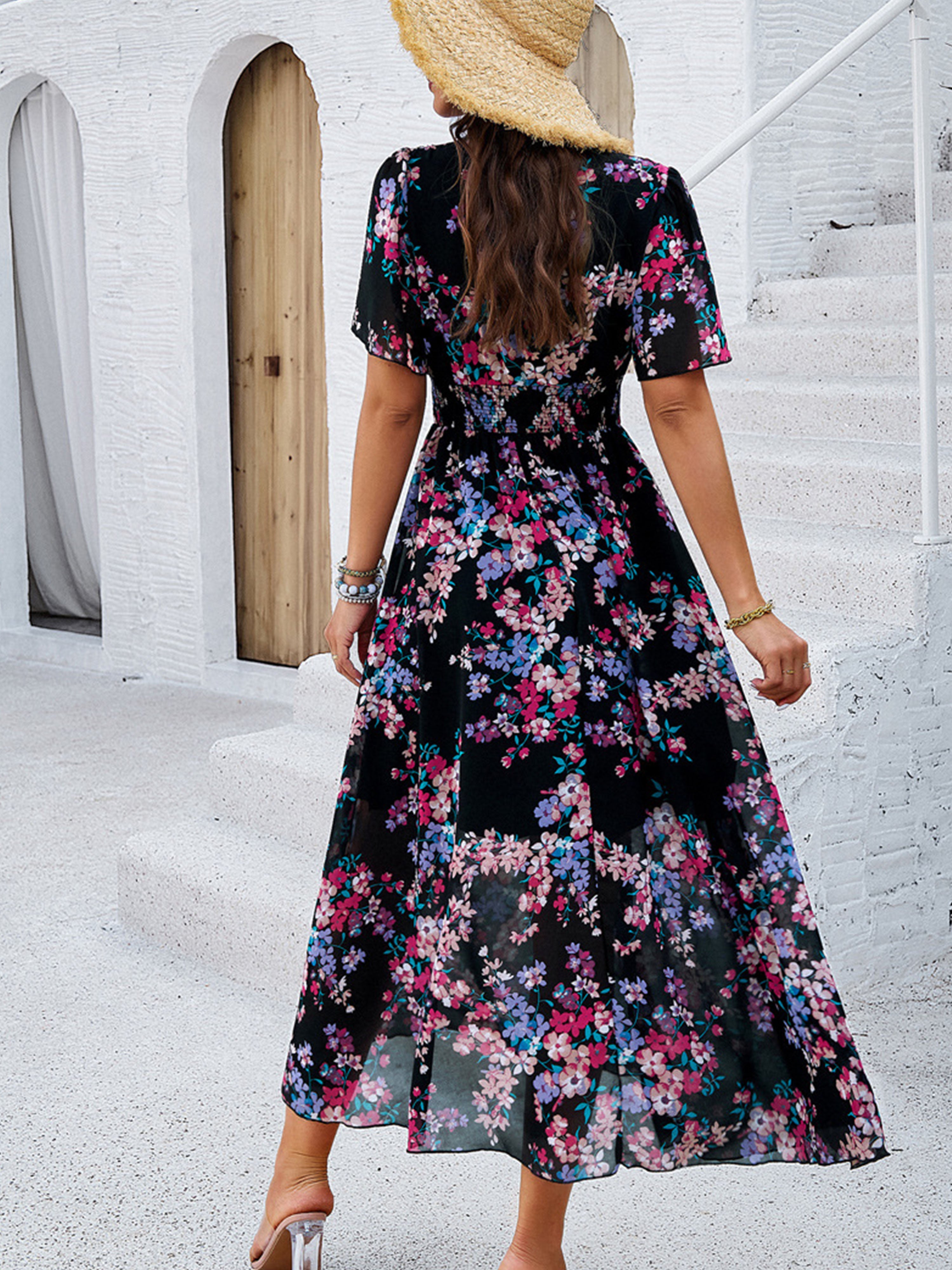 Floral Elegant V Neck Sleeves Black Long Wedding Guest Dress