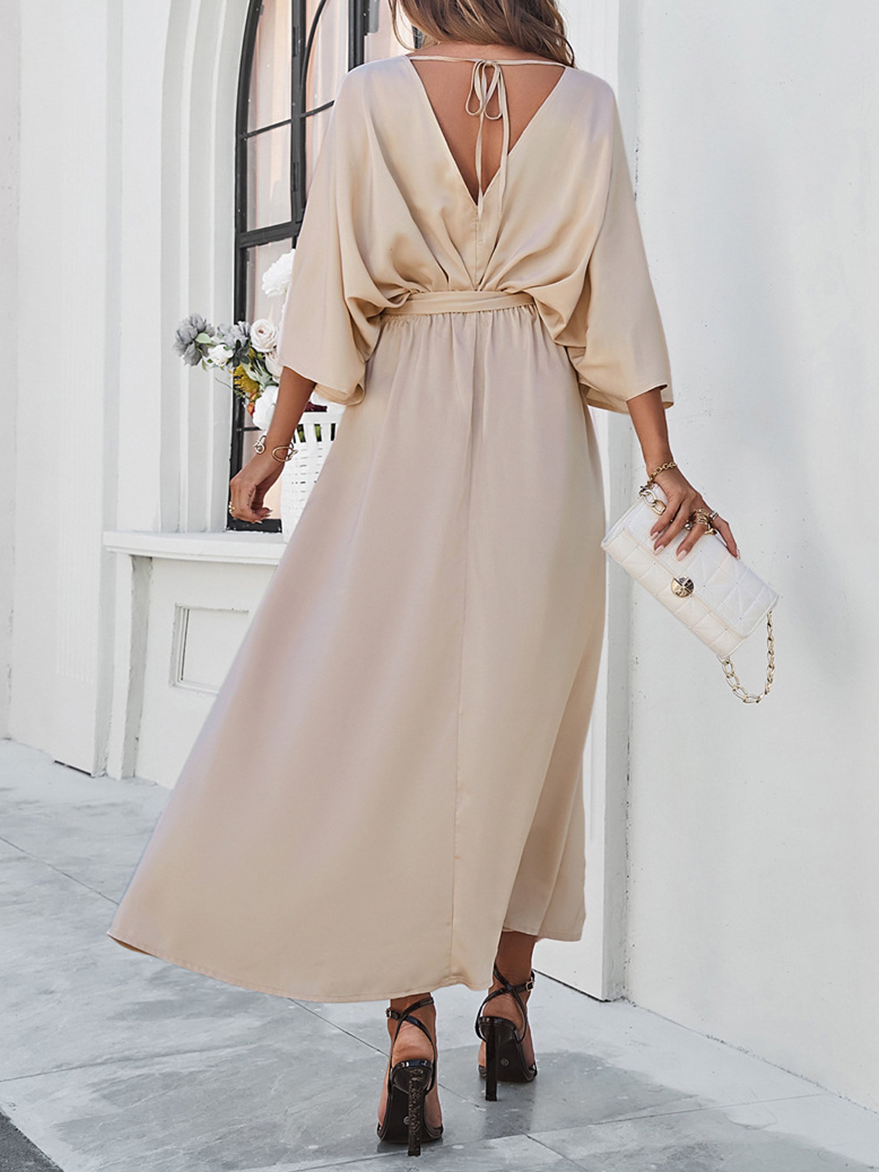 Elegant Champagne V-Neck Sleeves Split Wedding Guest Dress With Belt