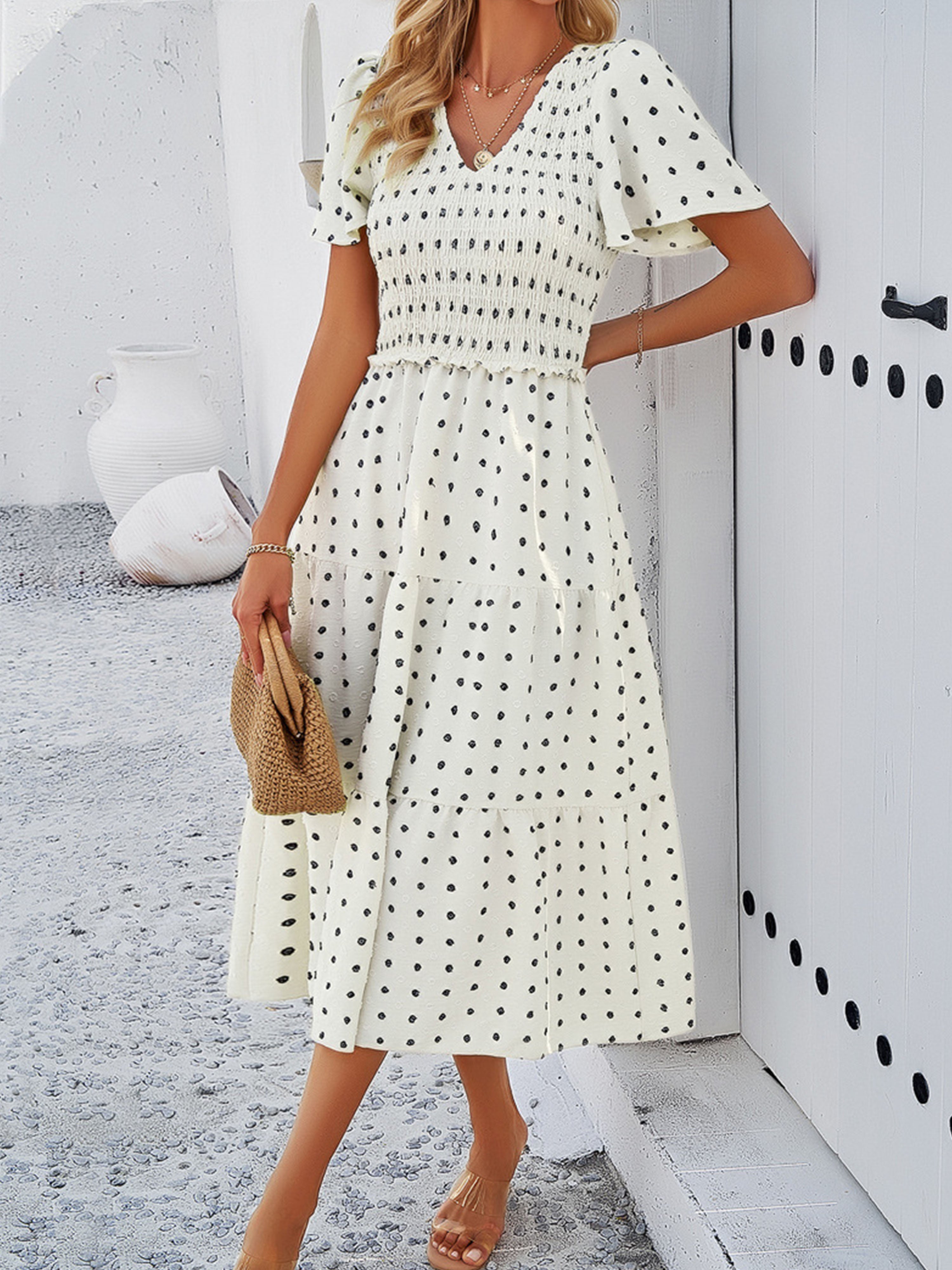 Casual Polka Dot V-Neck Short Sleeves White Wedding Guest Dress