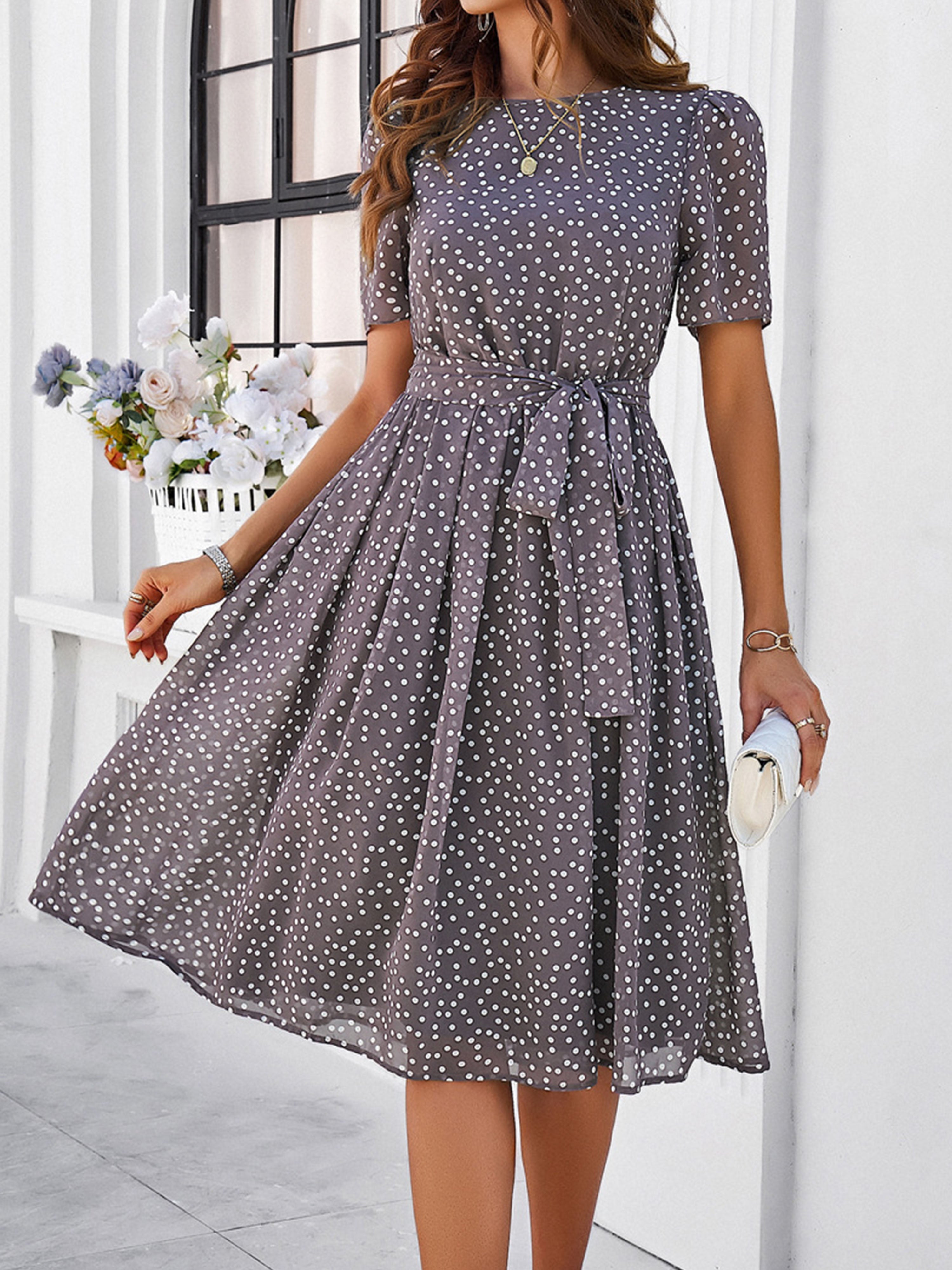 Casual Polka Dot Cowl Short Sleeves Mocha Wedding Guest Dress With Belt