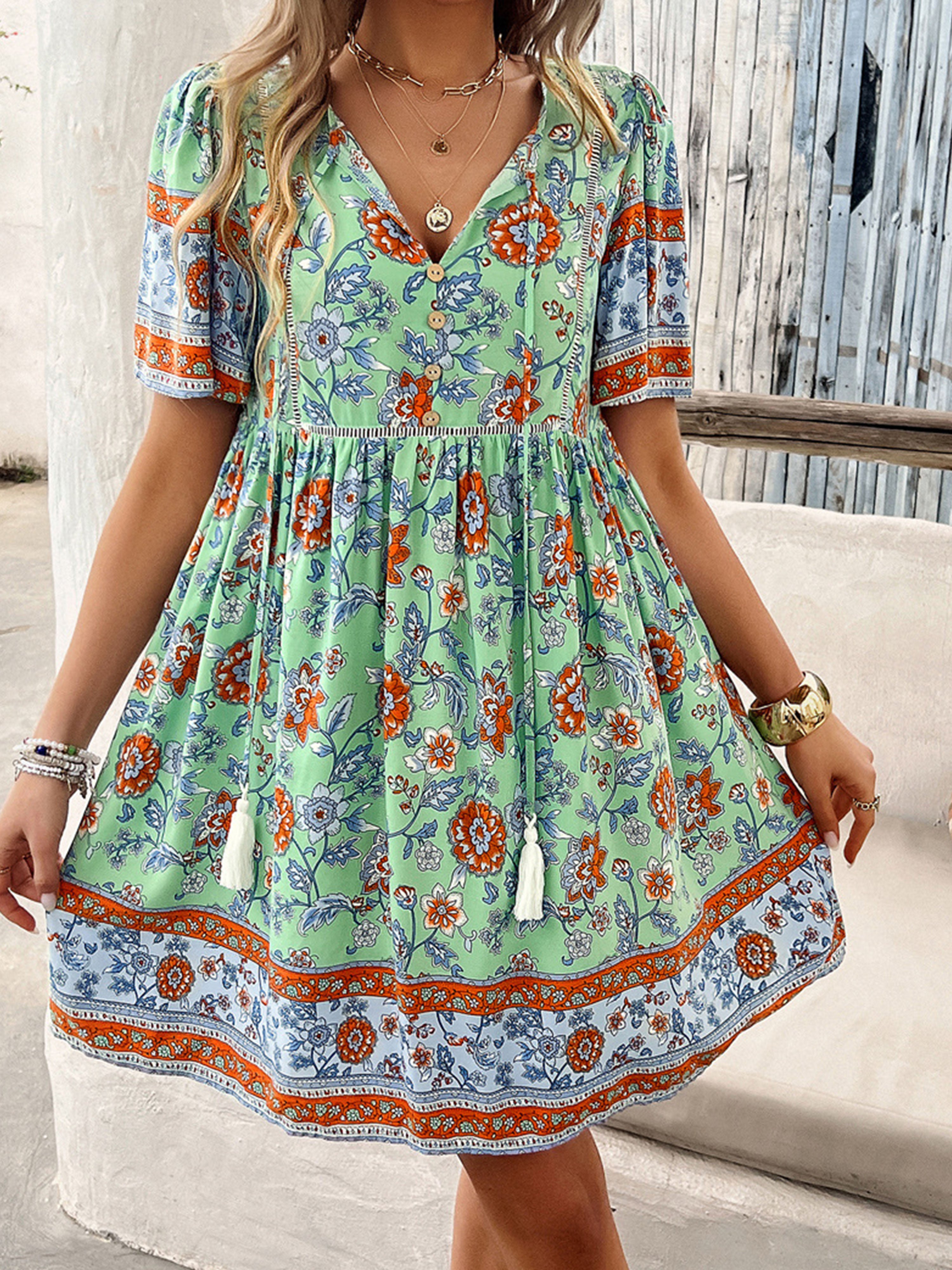 A Line Mint Green Boho V Neck Short Sleeves Wedding Guest Dress