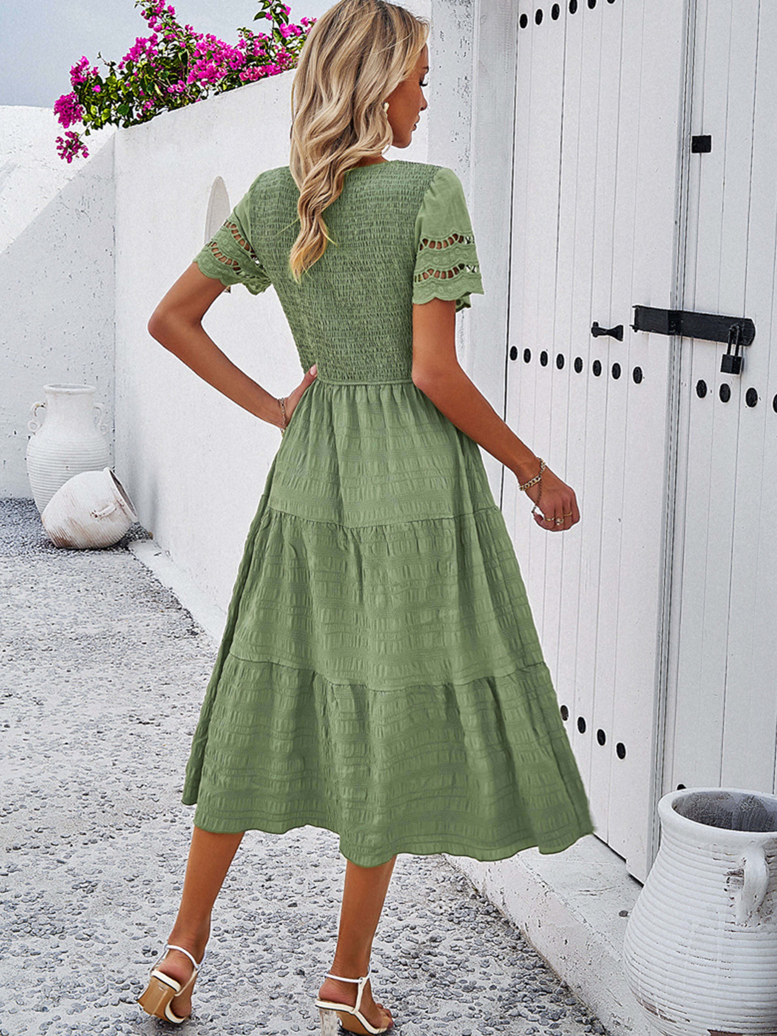 Dusty Sage Solid Color A Line Round Neck Sleeves Wedding Guest Dress