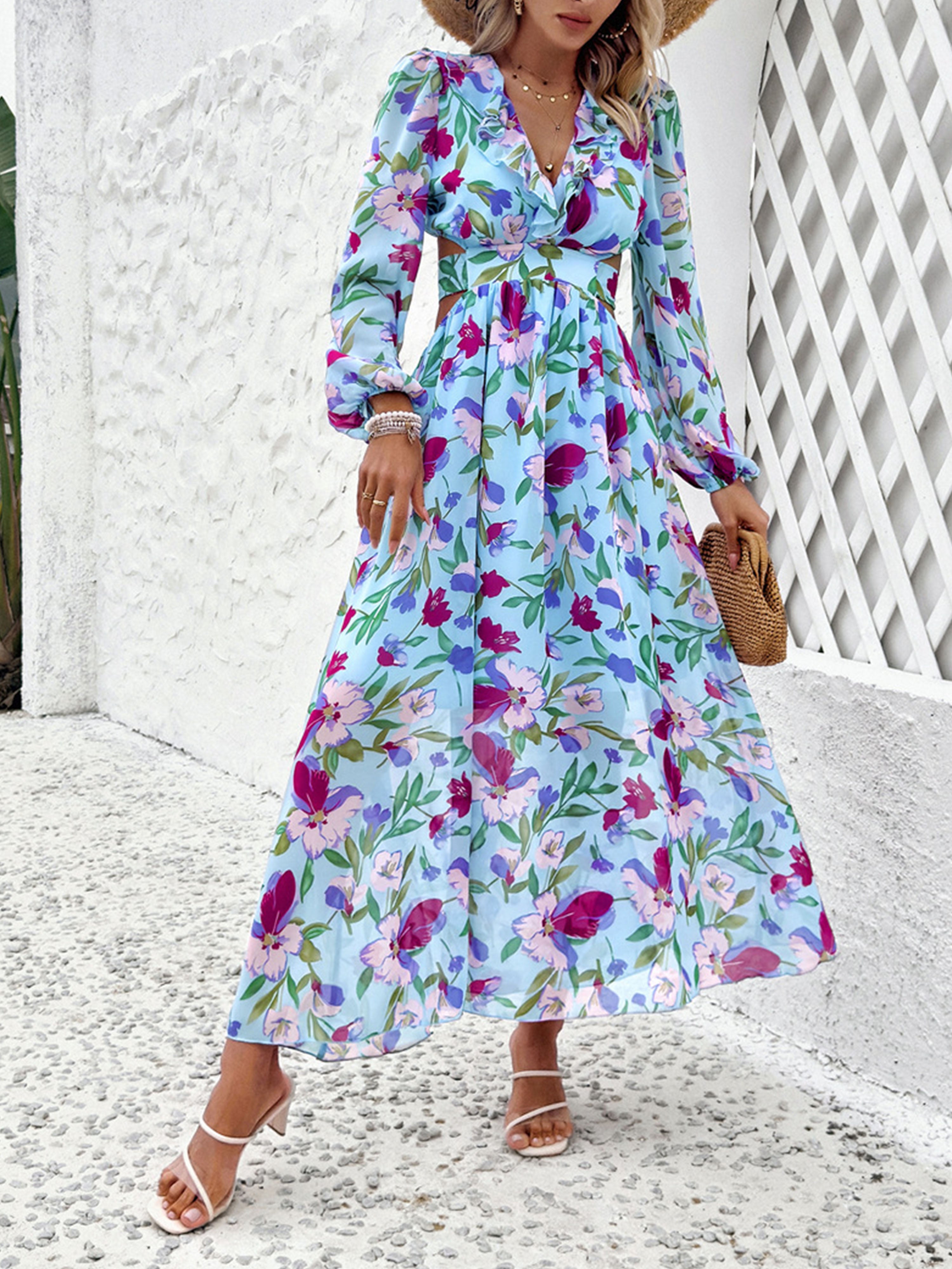 Floral V-Neck Sky Blue Long Sleeves A Line Wedding Guest Dress