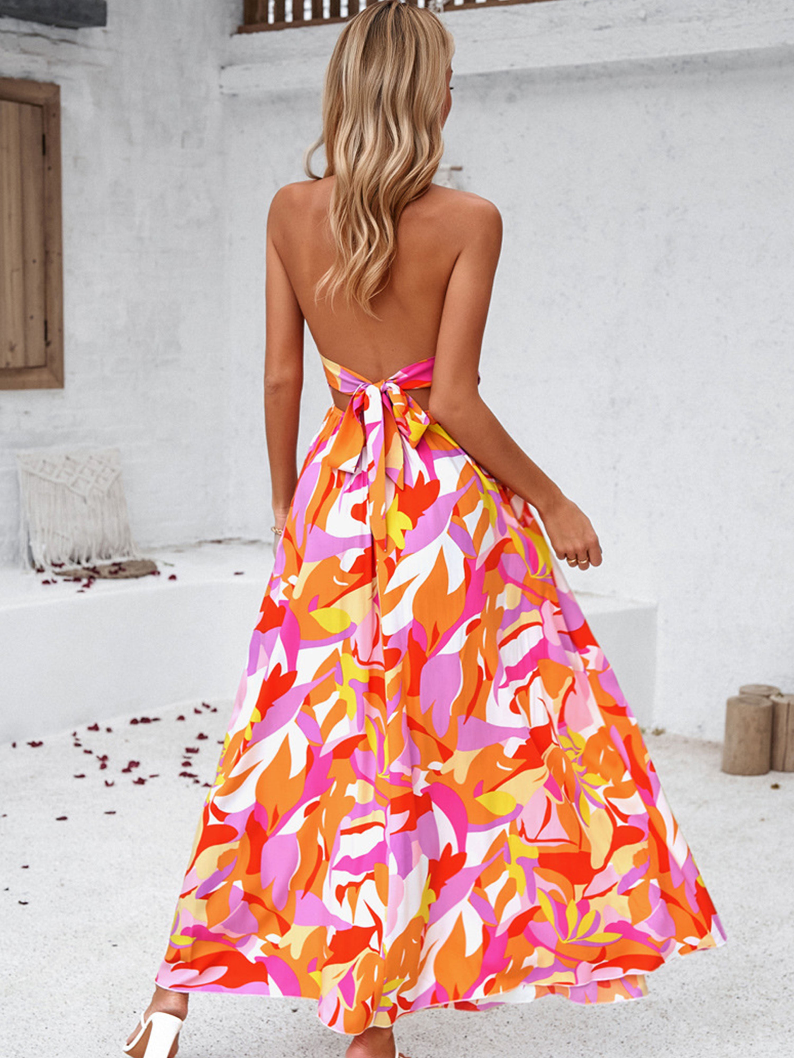 Casual Spaghetti Straps Long Floral Orange Wedding Guest Dress