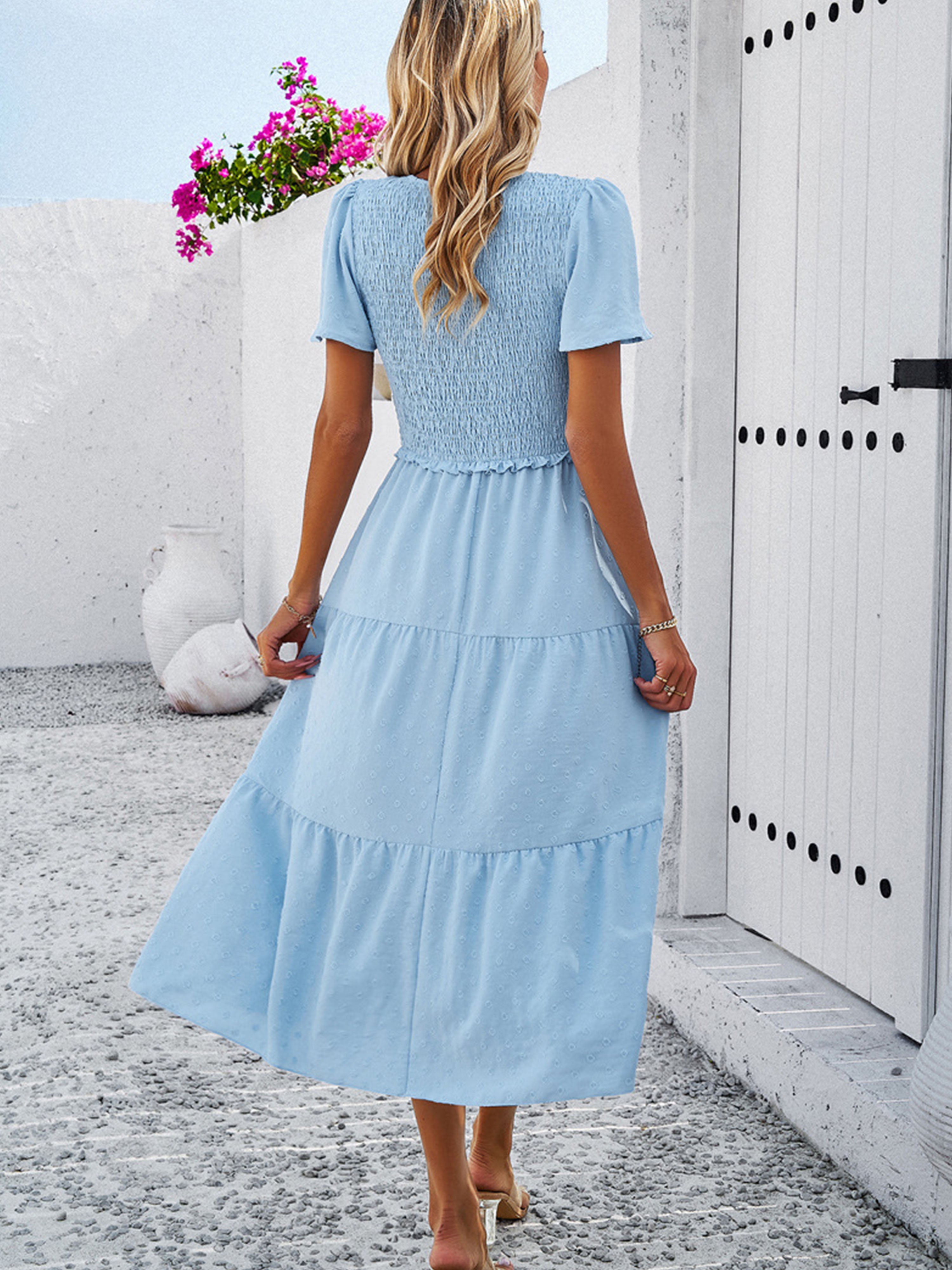 Casual Polka Dot V-Neck Short Sleeves Sky Blue Wedding Guest Dress