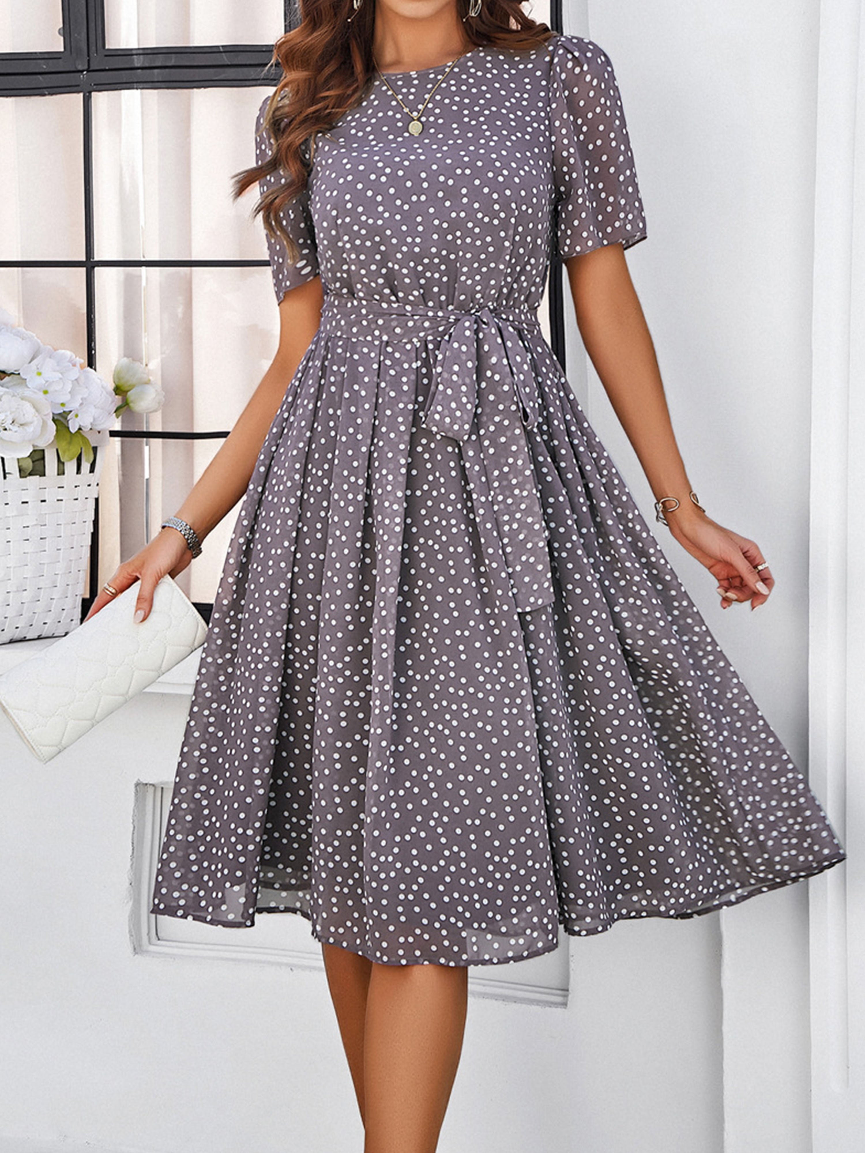 Casual Polka Dot Cowl Short Sleeves Mocha Wedding Guest Dress With Belt