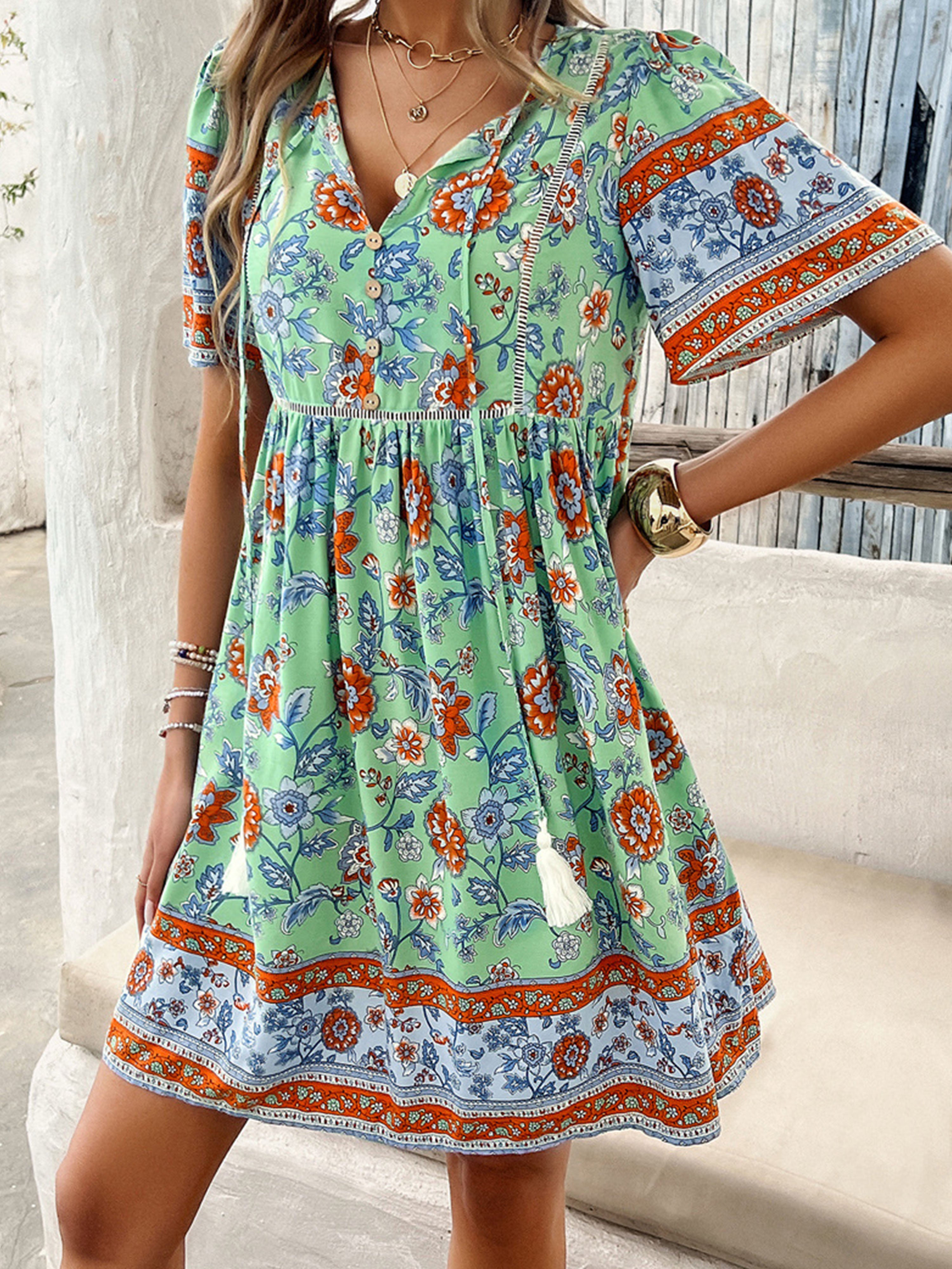 A Line Mint Green Boho V Neck Short Sleeves Wedding Guest Dress