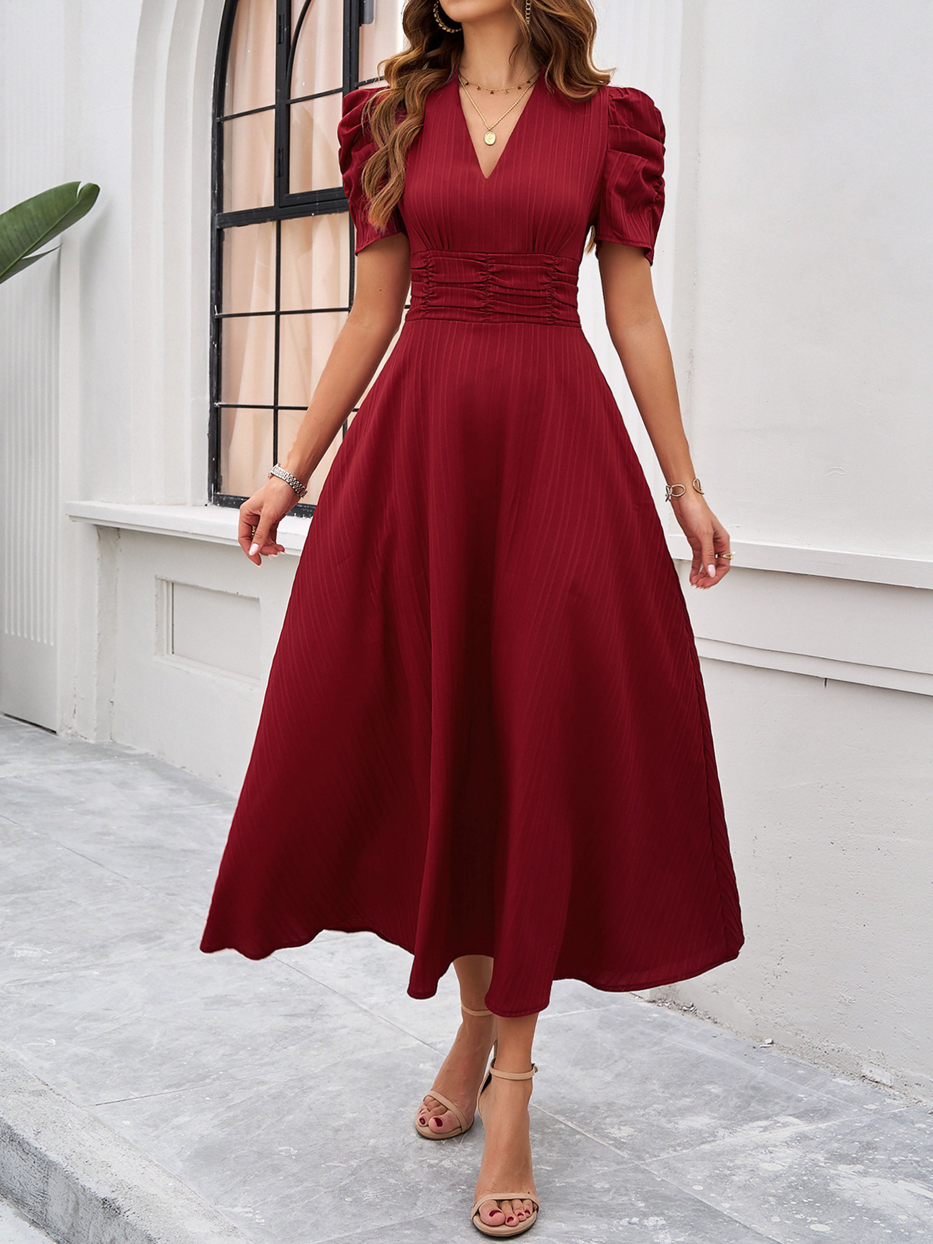 Elegant Empire Waist A Line Sleeves Burgundy Wedding Guest Dress