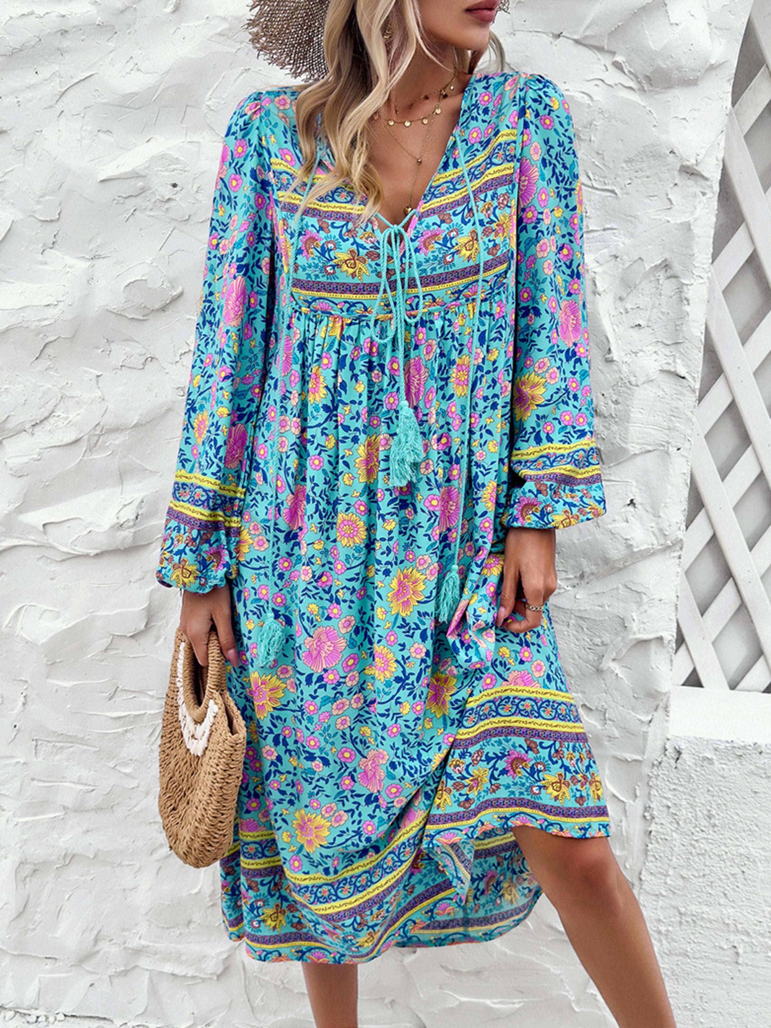 V-Neck Floral Boho A Line Long Sleeves Blue Wedding Guest Dress