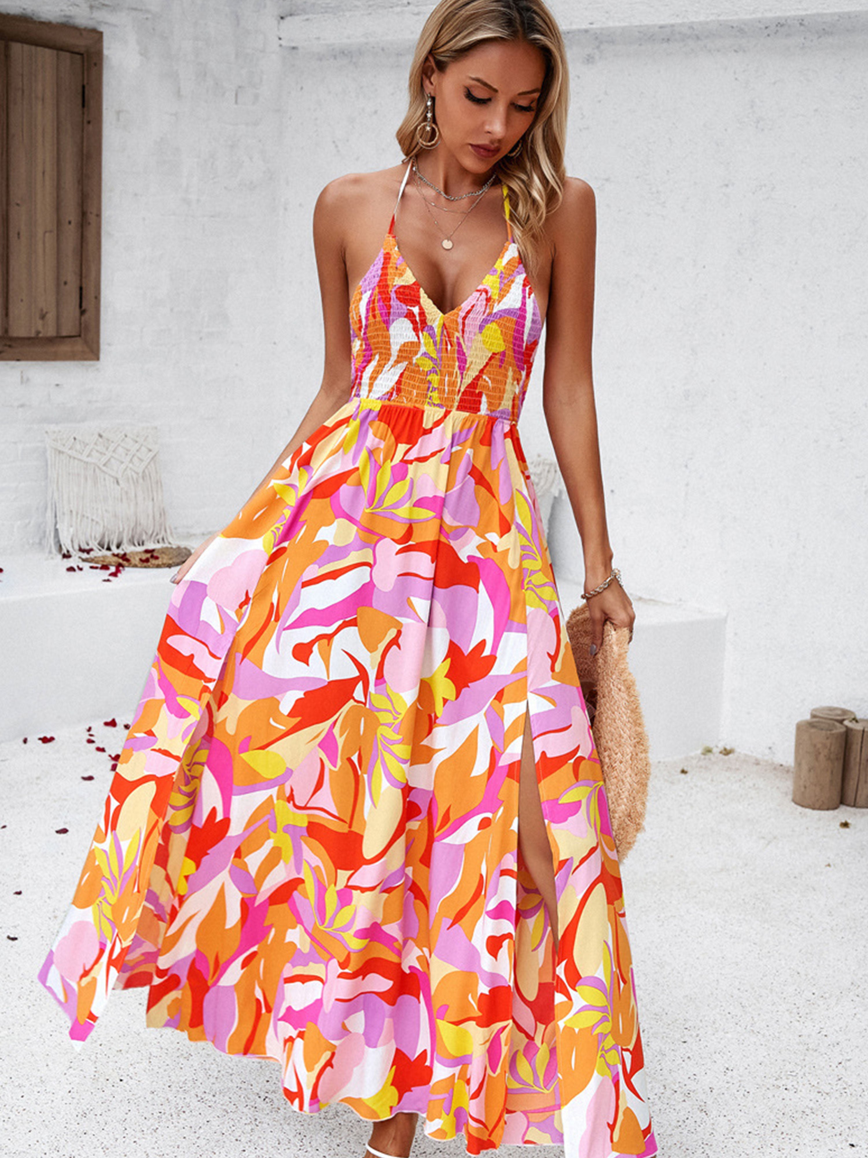 Casual Spaghetti Straps Long Floral Orange Wedding Guest Dress