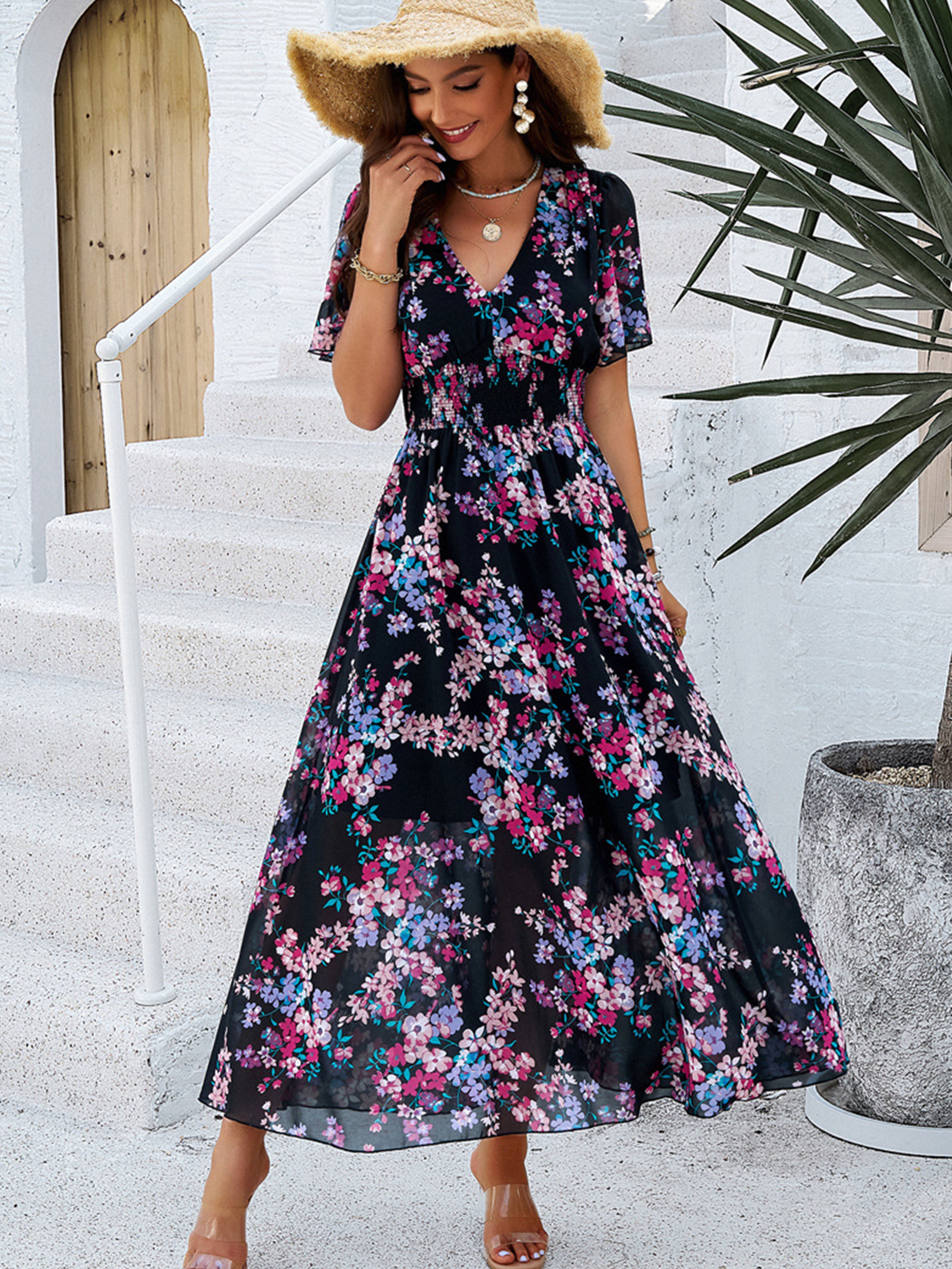 Floral Elegant V Neck Sleeves Black Long Wedding Guest Dress