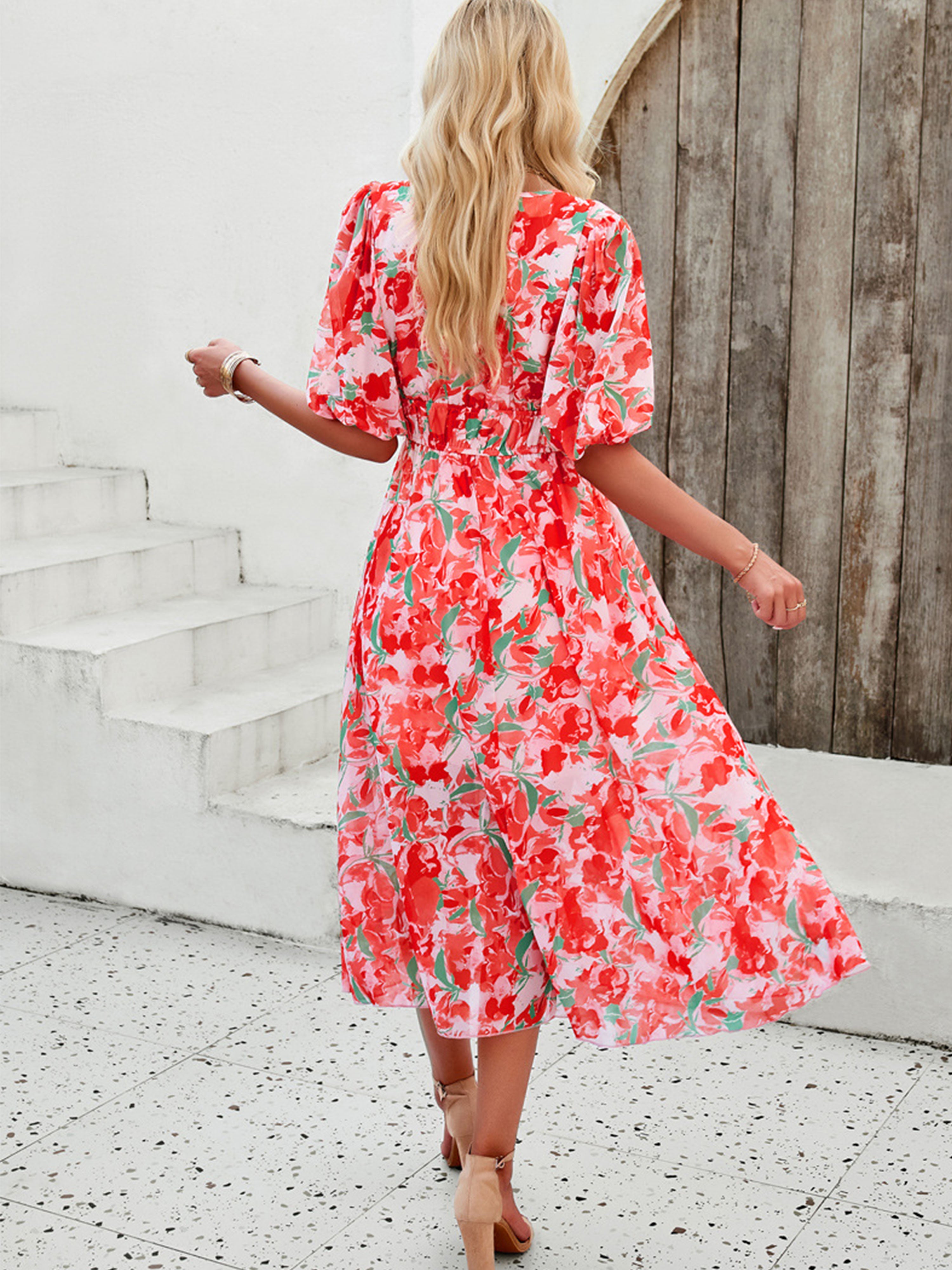 A Line Strappy Waisted Sleeves V Neck Red Wedding Guest Dress