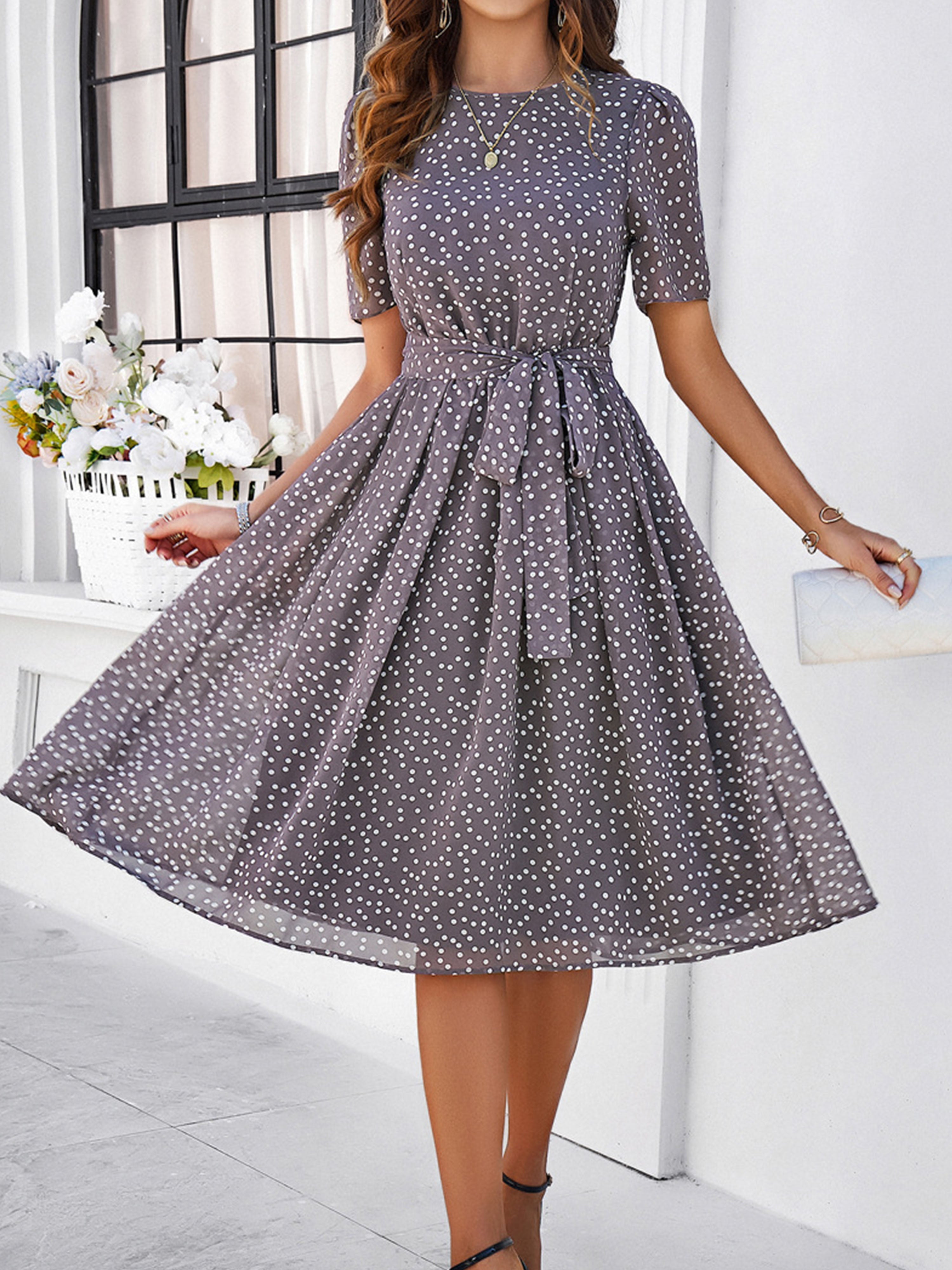 Casual Polka Dot Cowl Short Sleeves Mocha Wedding Guest Dress With Bel Casual Polka Dot Cowl Short Sleeves Mocha Wedding Guest Dress With Bel