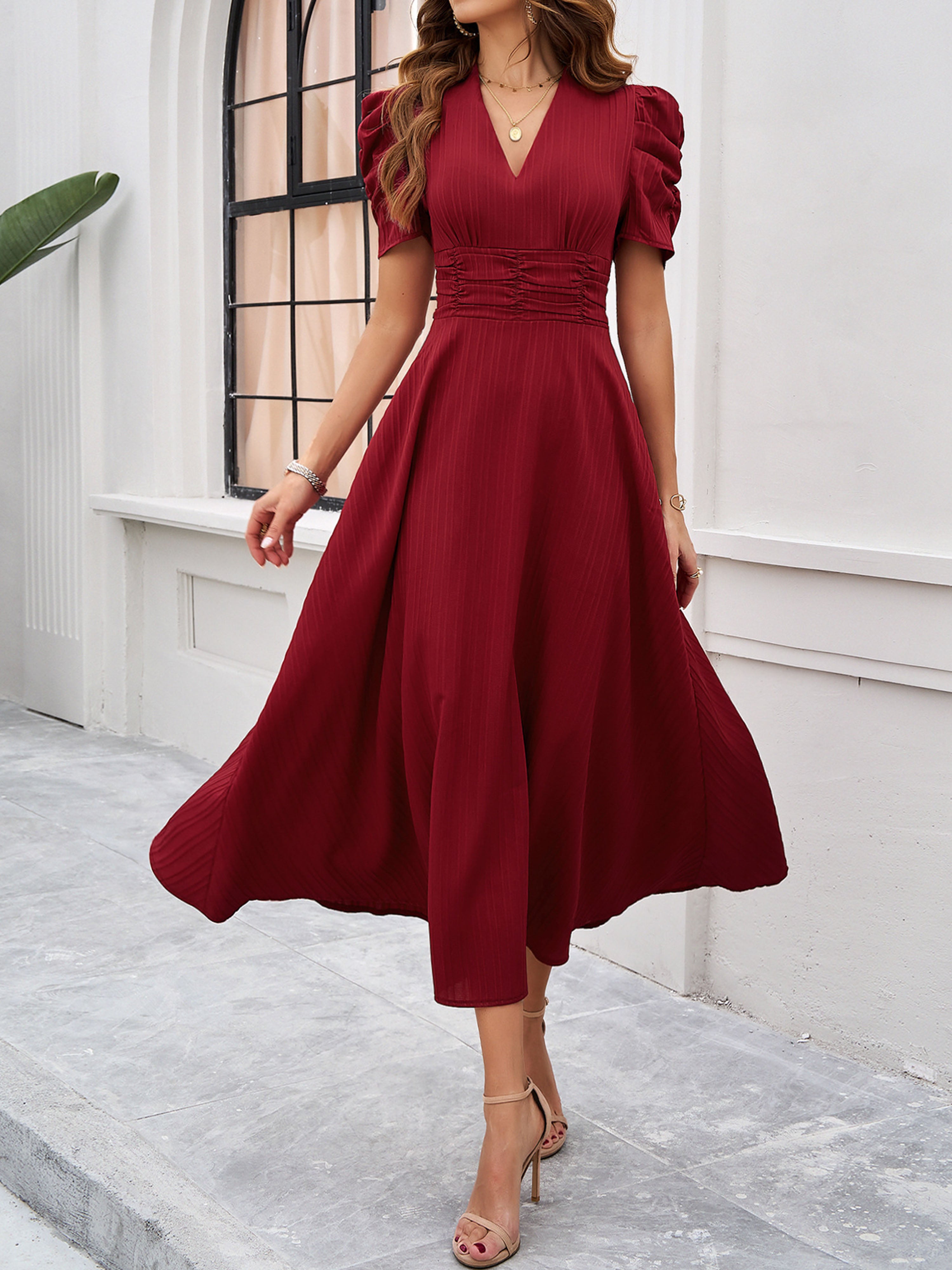 Elegant Empire Waist A Line Sleeves Burgundy Wedding Guest Dress