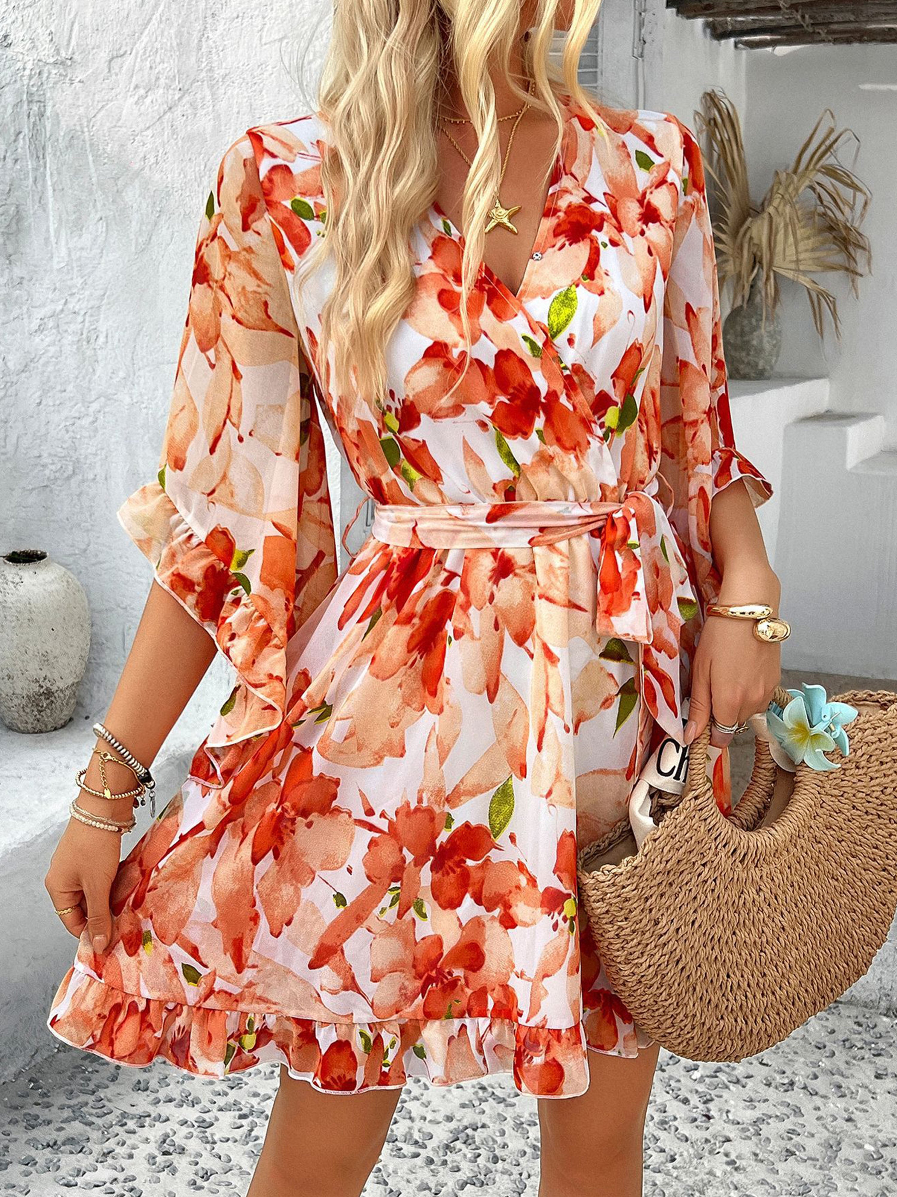 Ruffles Sleeves Floral V Neck Orange Wedding Guest Dress With Belts