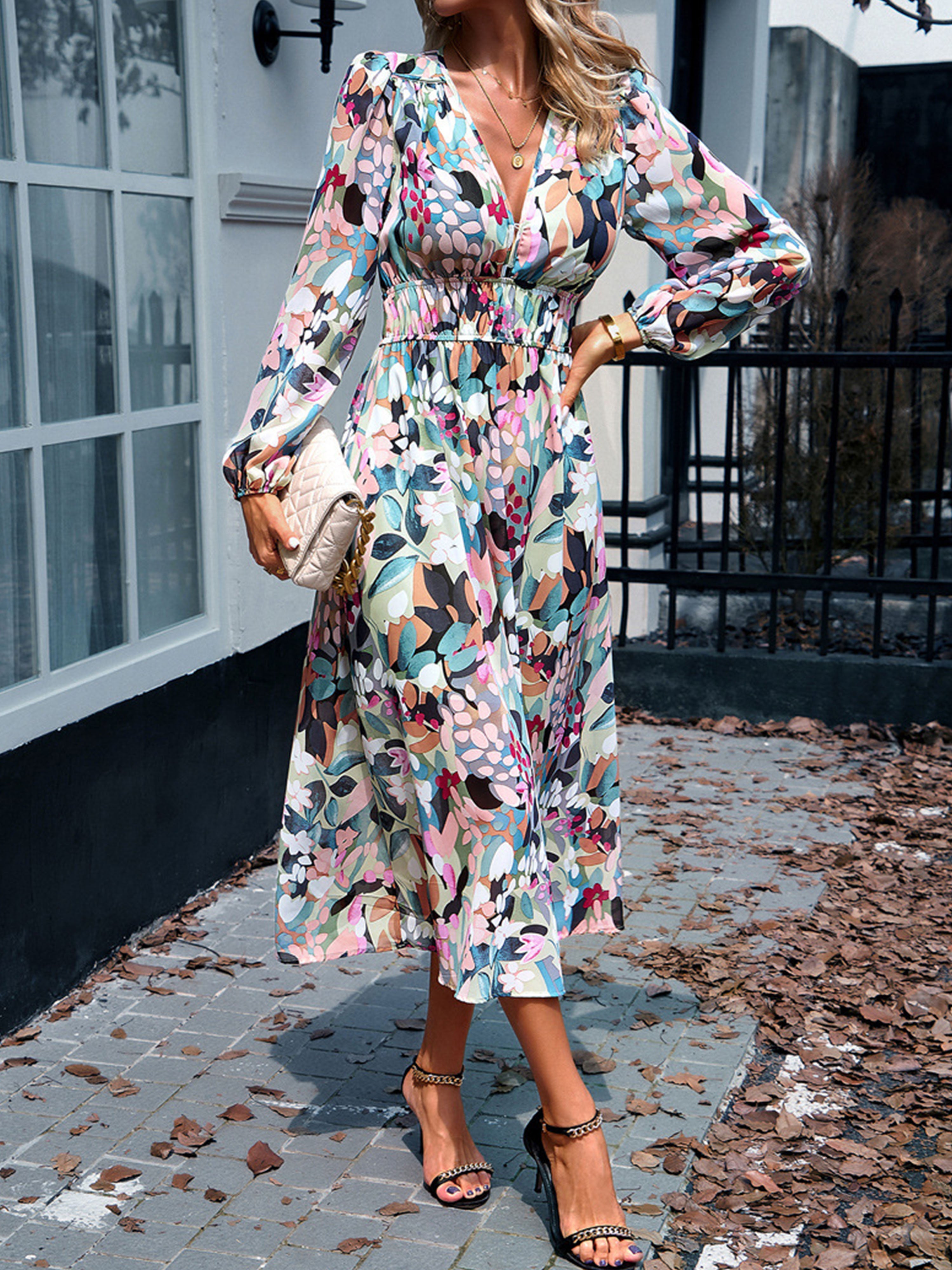 V Neck A Line Long Sleeves Casual Printed Mint Green Wedding Guest Dress