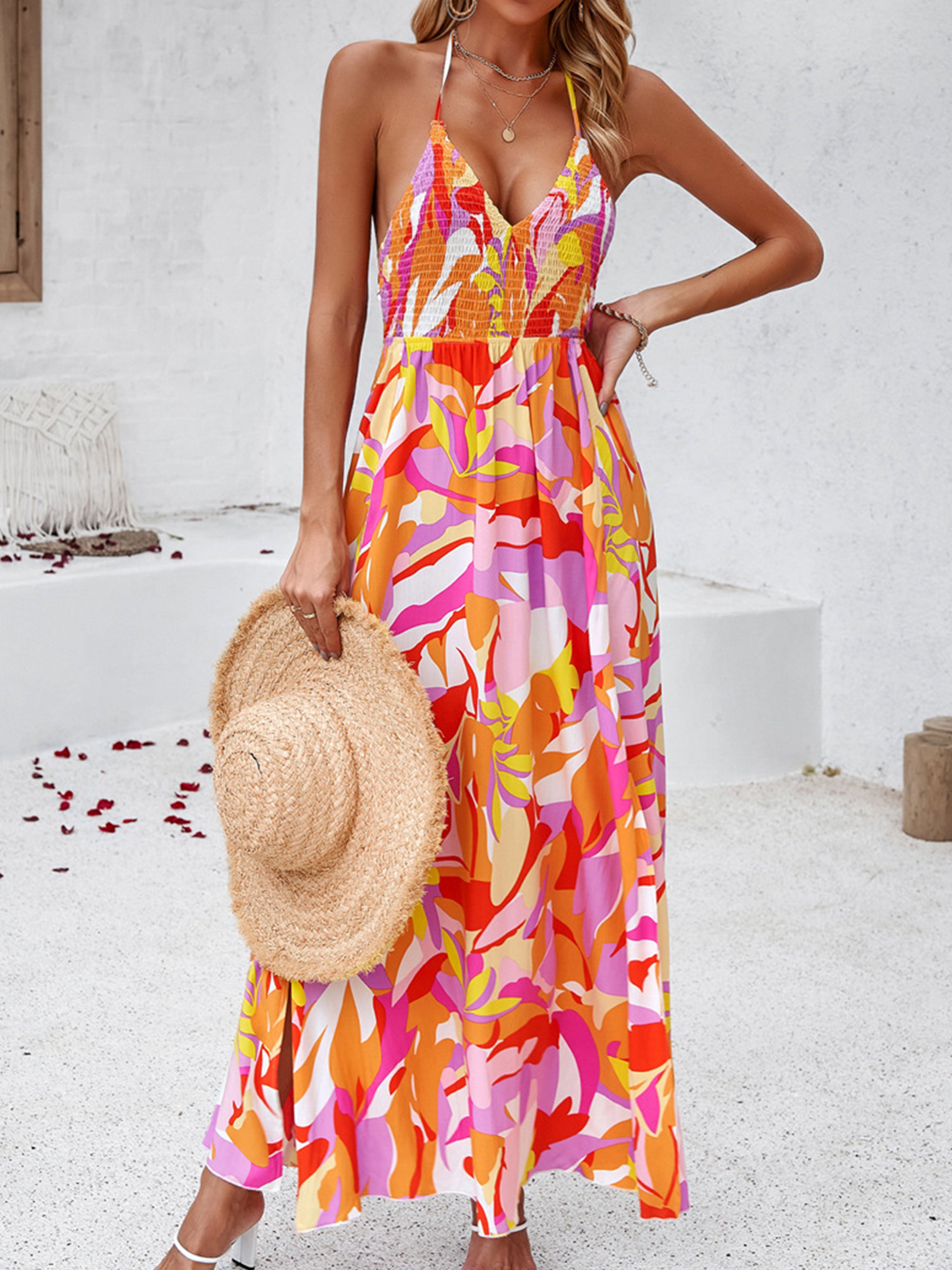 Casual Spaghetti Straps Long Floral Orange Wedding Guest Dress