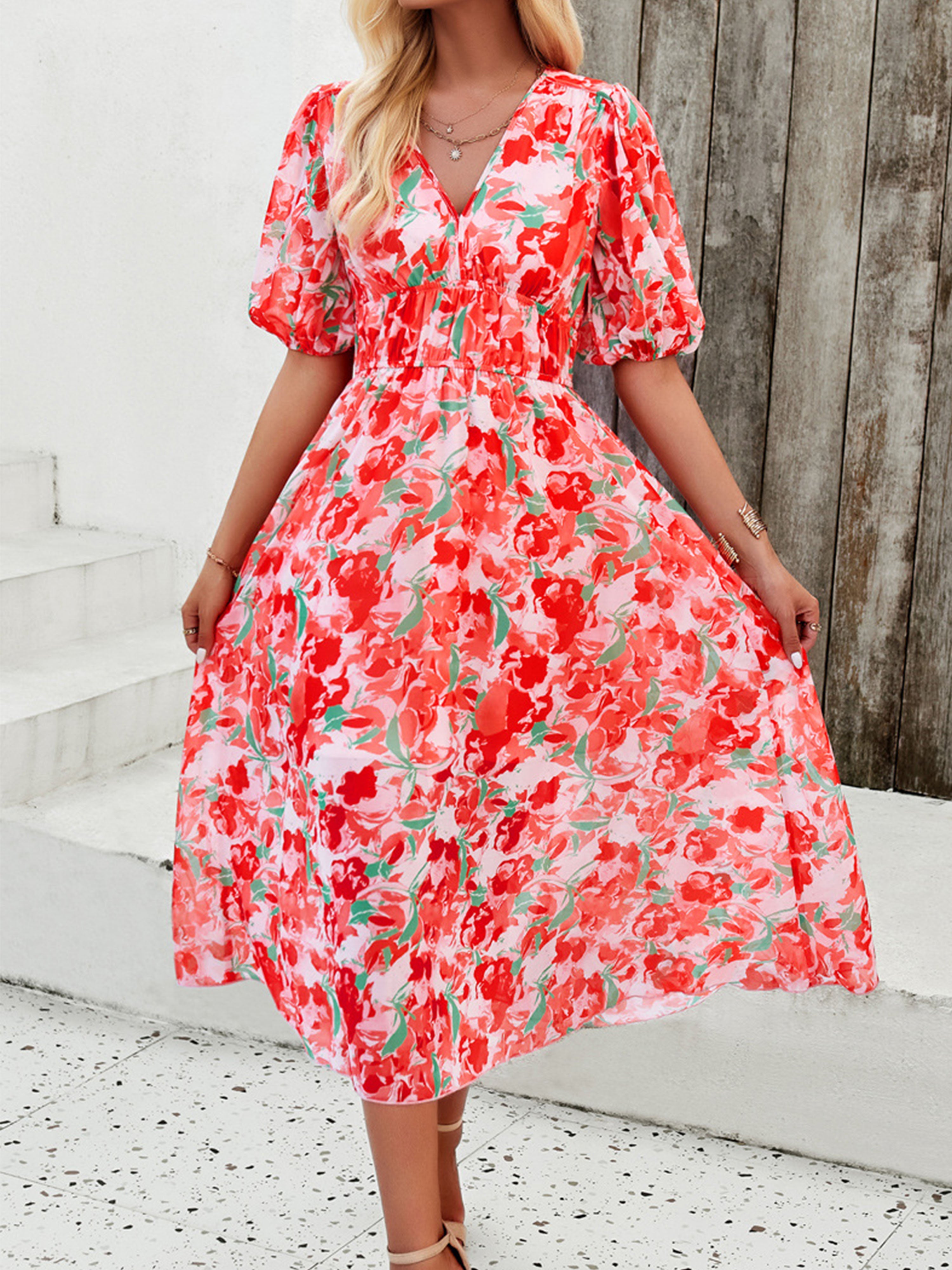 A Line Strappy Waisted Sleeves V Neck Red Wedding Guest Dress