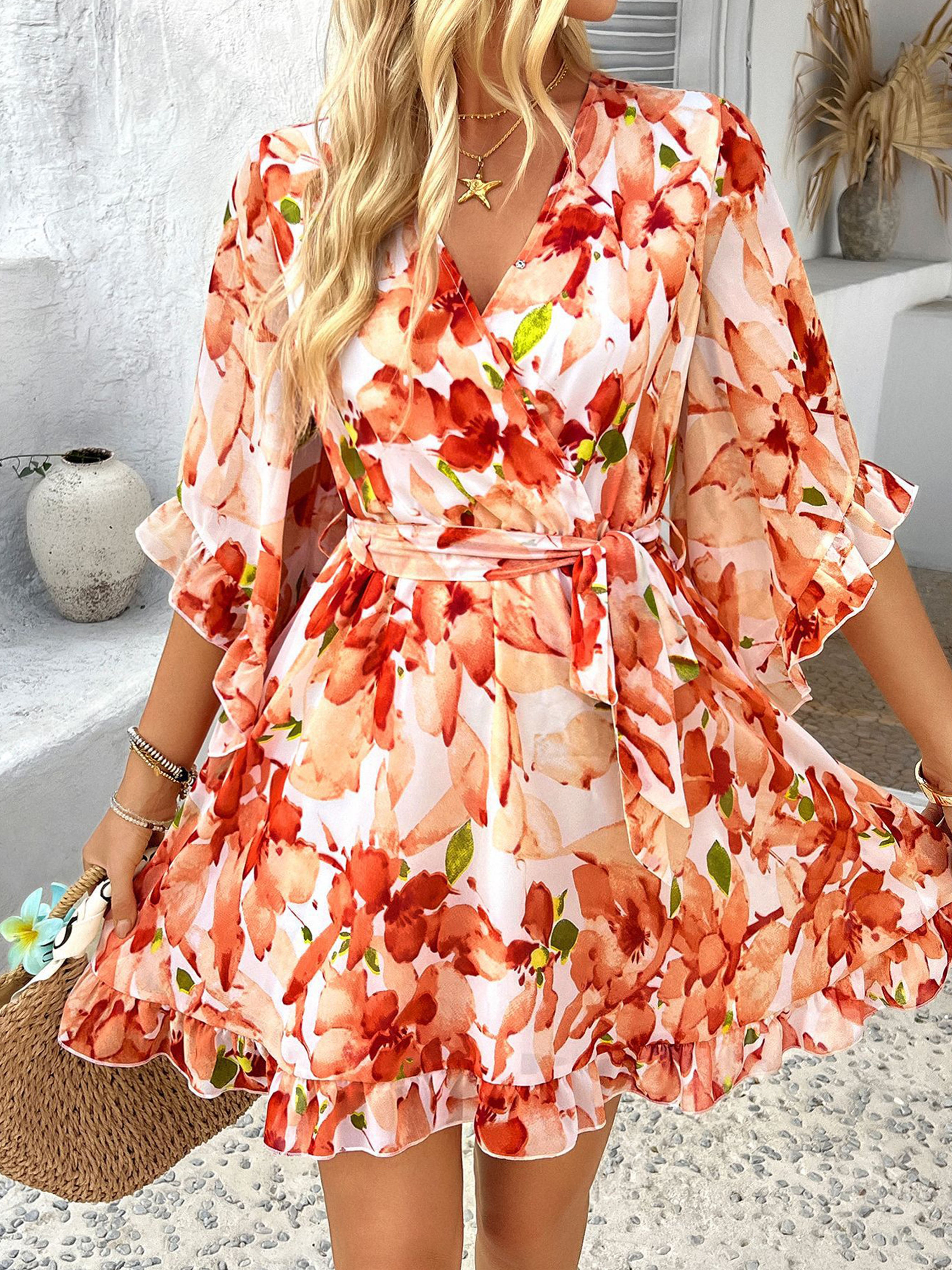 Ruffles Sleeves Floral V Neck Orange Wedding Guest Dress With Belts
